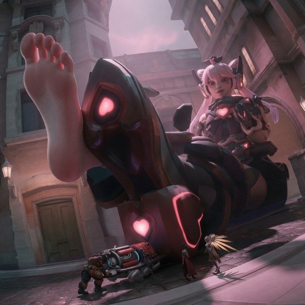 3d 3d_(artwork) 4girls asian asian_female barefoot blizzard_entertainment character_request clothed clothed_female giantess juno_(overwatch) kiriko light-skinned_female light_skin mercy overwatch overwatch_2 shoe tanqian6918 video_game_character