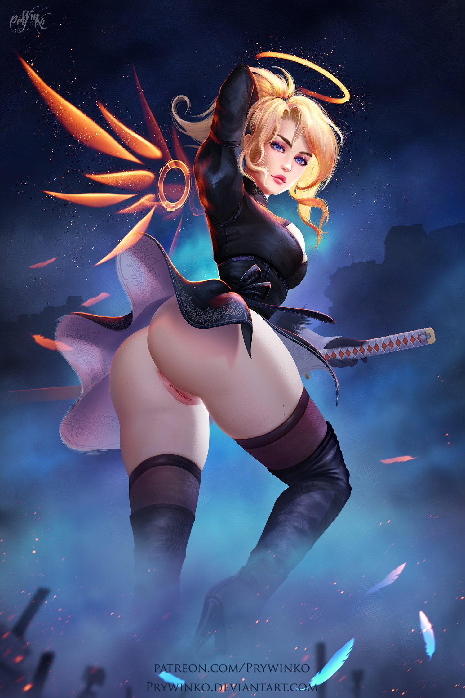 1girls, 2018, 5 fingers, angel wings, anus, ass, blizzard entertainment, blonde hair, blue eyes, boots, bottomless skirt, breasts, bubble ass, bubble butt, clothed, clothing, cosplay, crossover, fat ass, female, female only, footwear, genitals, gloves, going commando, halo, heel boots, heels, hentai foundry, high heels, huge ass, human, human only, large breasts, looking at viewer, looking back, mercy, nier (series), nier: automata, no underwear, overwatch, plump ass, prywinko, pussy, round ass, shoes, skirt, skirt lift, solo, sword, thick thighs, thigh boots, thighhighs, video games, weapon, wide hips, yorha 2b (cosplay)