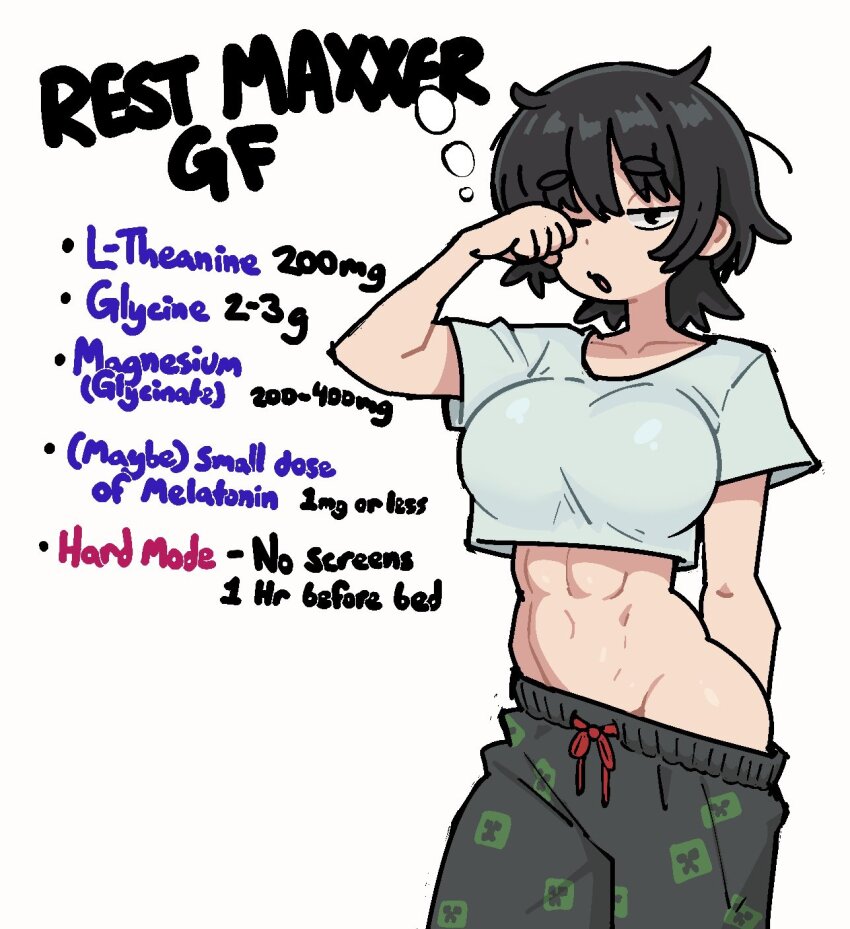 1girl, breasts, commentary, creeper, crop top, cropped shirt, english commentary, english text, eyebrows hidden by hair, healerart, highres, large breasts, looking at viewer, messy hair, midriff, minecraft, muscular, muscular female, navel, one eye closed, open mouth, original, pajama pants, rubbing eyes, sanpaku, shirt, short eyebrows, short sleeves, simple background, sleepy, solo, white background