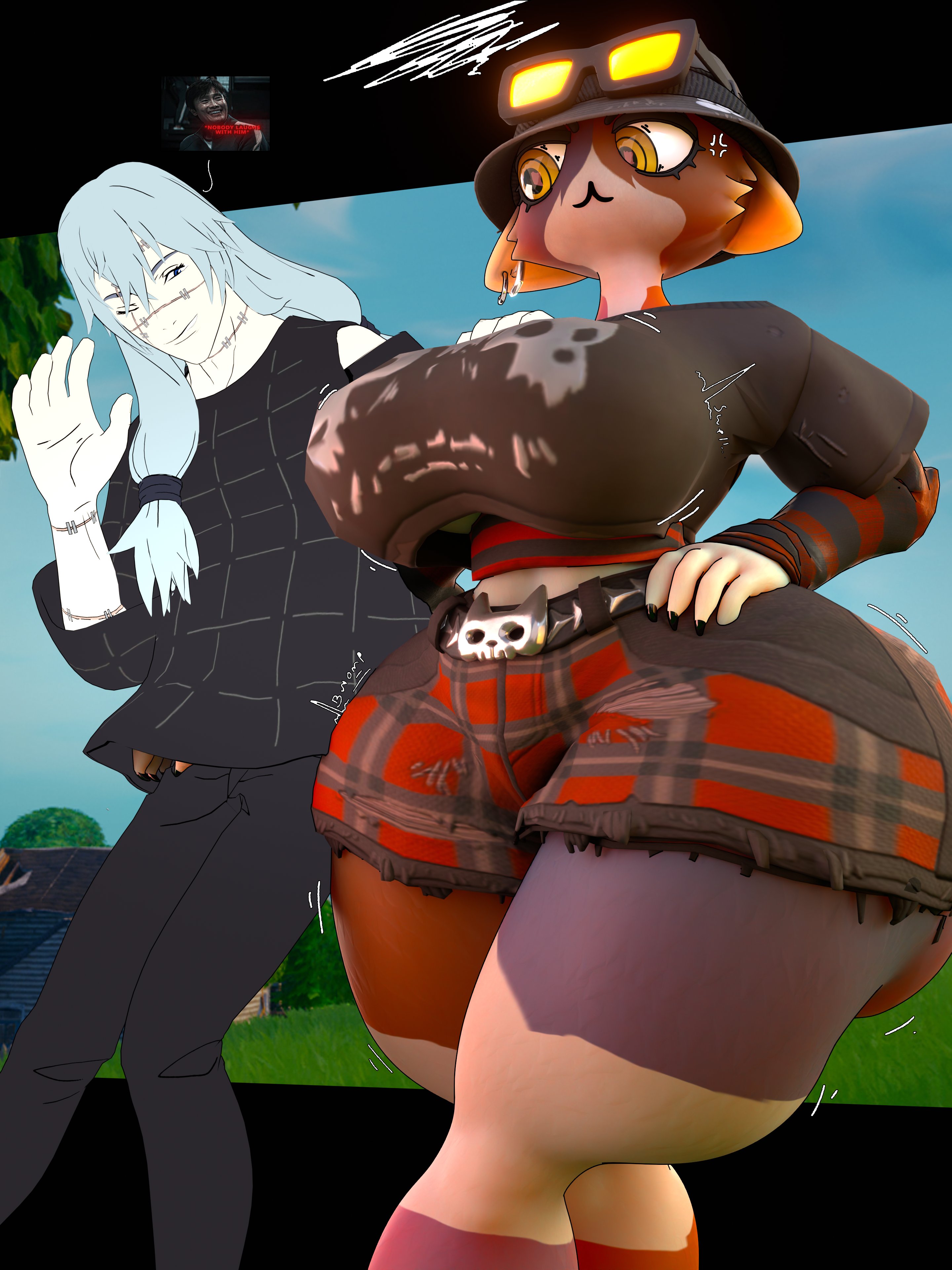 3d, 3d (artwork), 3d model, 3d render, alternate body type, alternate breast size, alternate thigh size, anthro, anthro female, big ass, big breasts, blue hair, blue hair male, cel shading, clothed, clothed female, clothed male, clothing, crossover, eastern and western character, female, fortnite, huge ass, huge breasts, idle transfiguration, jujutsu kaisen, mahito (jujutsu kaisen), meow skulls (fortnite), metalhead meow skulls, not porn, palmtreerothic, twintails, twintails (hairstyle)