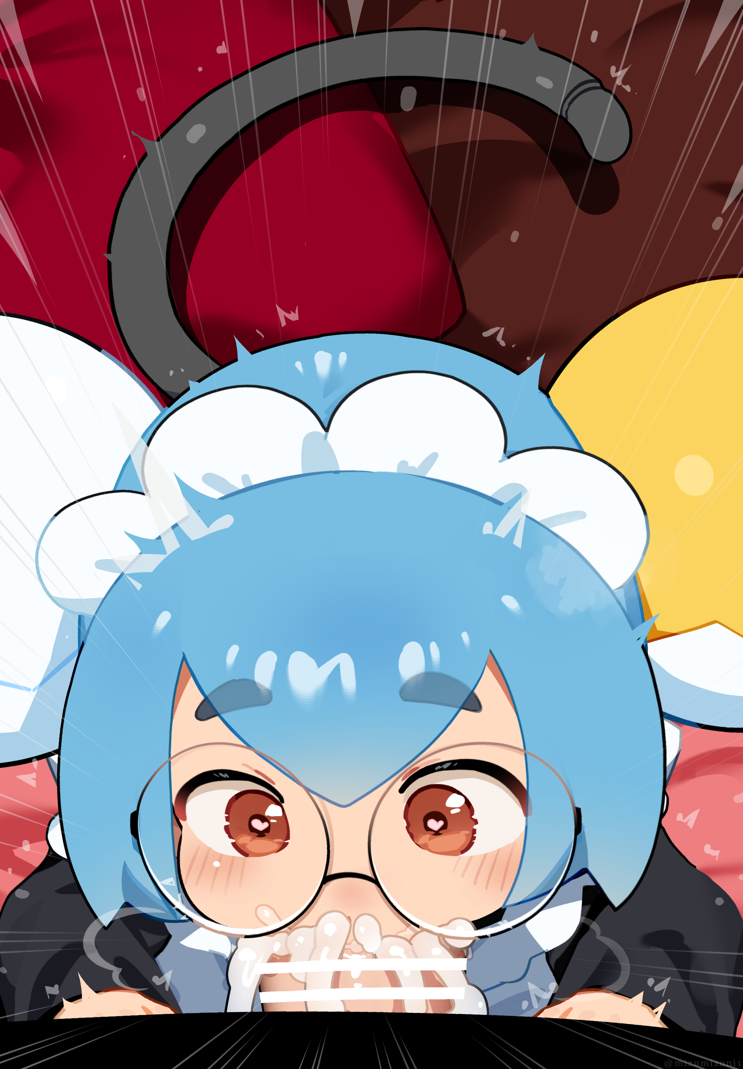 1boy, 1girls, absurdres, bar censor, blue hair, borrowed character, brown eyes, cat tail, censored, commission, cum, cum in mouth, dorothree (vtuber), double bun, fellatio, hair bun, heart, heart-shaped pupils, highres, indie virtual youtuber, large penis, maid, maid headdress, mizumizuni, oral, penis, pov, round eyewear, short hair, skeb commission, symbol-shaped pupils, tail, v-shaped eyebrows, virtual youtuber