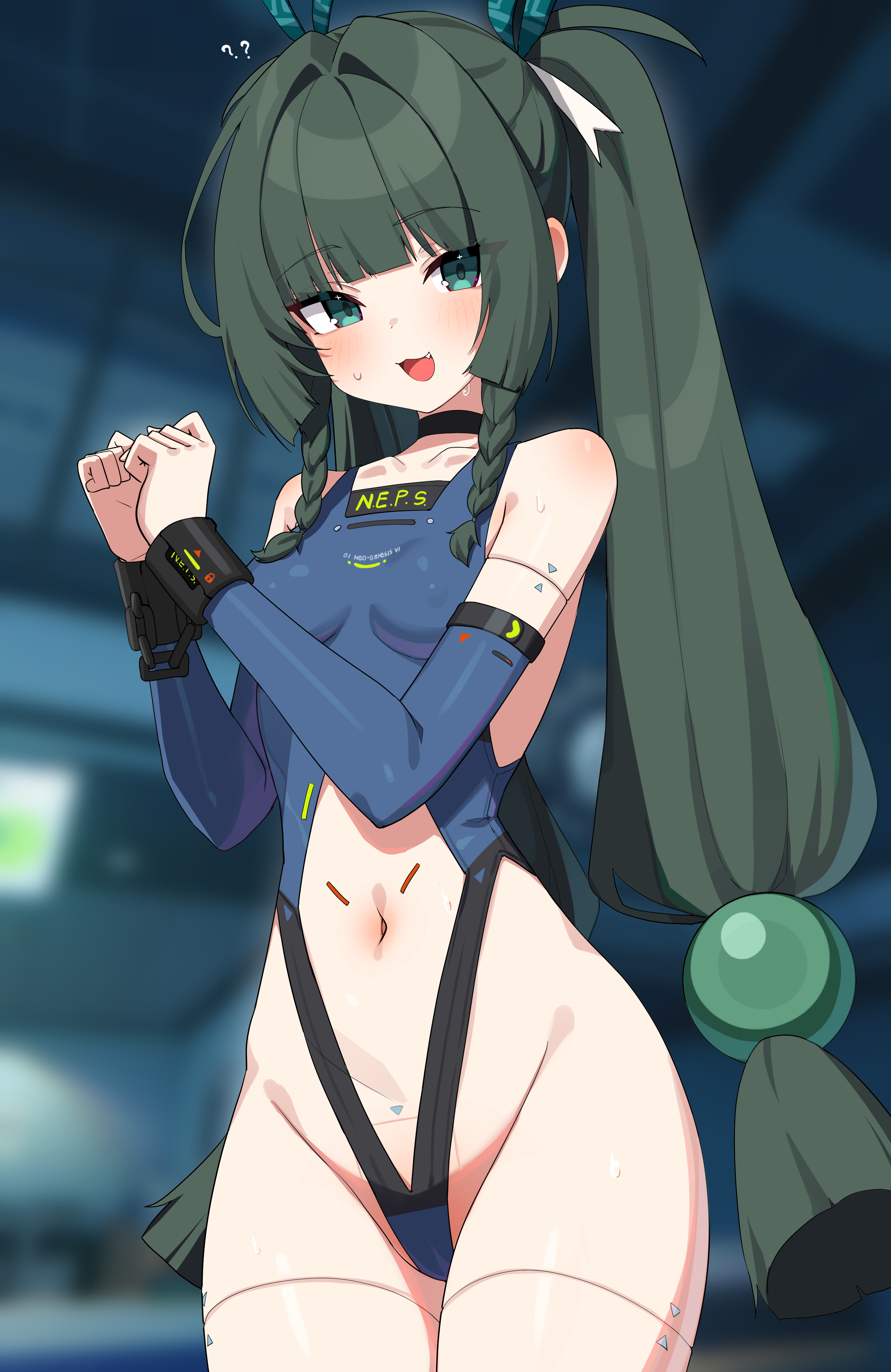 :3, 1girls, android, bare shoulders, breasts, choker, dark green eyes, dark green hair, female, female focus, female only, green eyes, green hair, groin, handcuffed, handcuffs, high resolution, highres, inside, leotard, long hair, looking at viewer, qingyi (zenless zone zero), small breasts, smile, solo, sweat, thighs, tied hair, tight clothing, twintails, wak kun, zenless zone zero
