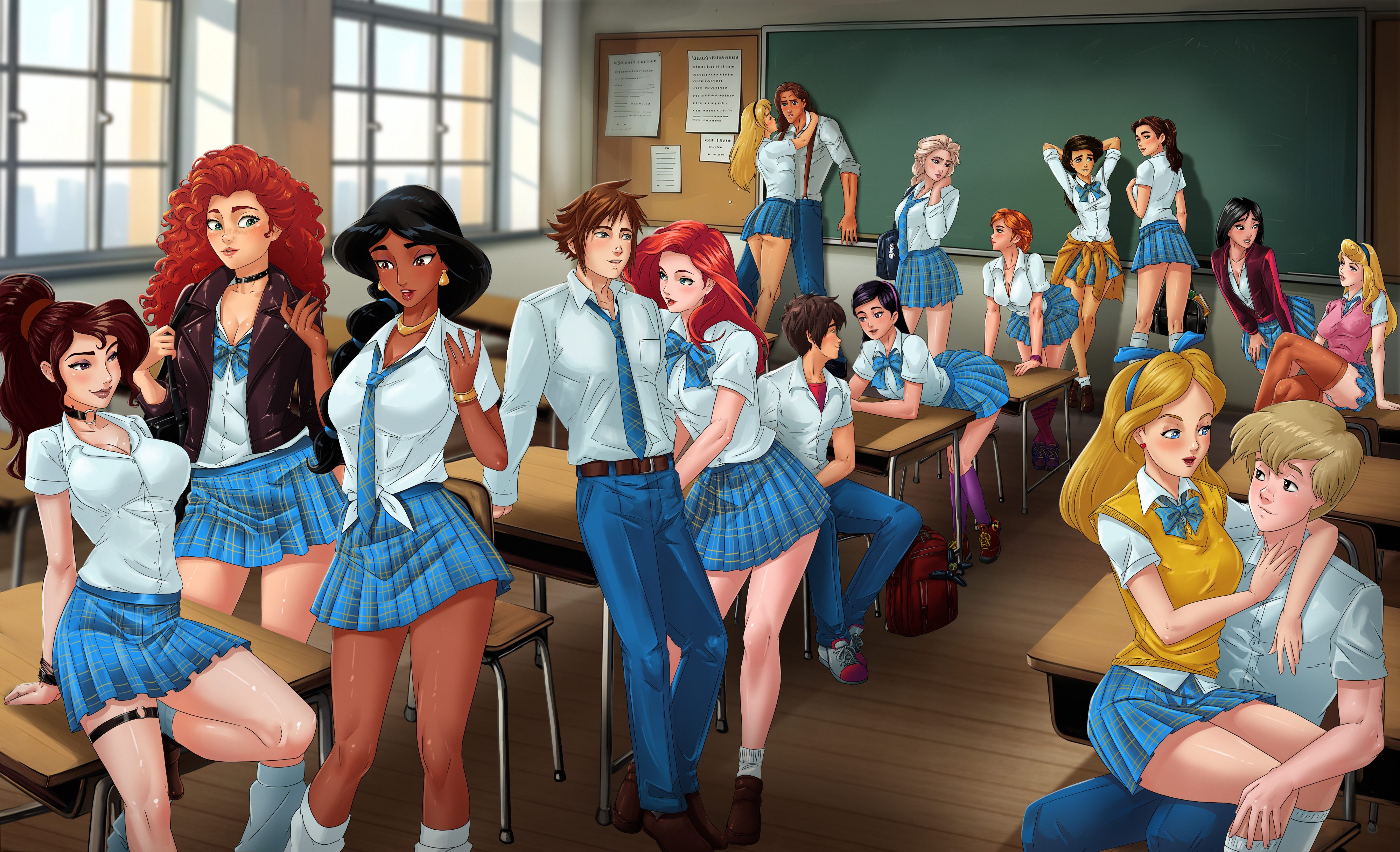 12girls, 4boys, 6+girls, aladdin, aladdin (1992 disney film), alice in wonderland, alice liddell, alternate universe, amenoosa, anna (frozen), ariel (the little mermaid), arm around neck, arm around shoulders, arthur (sword in the stone), arthur pendragon, asian female, aurora (sleeping beauty), beauty and the beast (1991 film), belle (beauty and the beast), bending over, big breasts, big hero 6, black hair, blonde female, blonde hair, blonde-haired male, blue eyes, blushing male, brave, breasts, brown eyes, brown hair, chinese female, choker, classroom, cleavage, couple, couple (romantic), crossover, crossover pairing, crossover shipping, dark skin, dark-skinned female, desk, disney, disney princess, dress shirt, eastern and western character, elsa (frozen), eyes closed, fa mulan, female, flustered female, flustered male, frozen (film), hercules (1997 film), hercules (disney), high school, hiro hamada, kingdom hearts, large breasts, leather jacket, legs folded, long hair, long legs, male, marvel, megara, melody (disney), merida, mother and daughter, mulan, mulan (1998 film), multiple boys, multiple girls, pinned to wall, ponytail female, princess eilonwy, princess jasmine, purple eyes, purple hair, red hair, red hair female, school bag, school chair, school desk, school uniform, schoolgirl, scottish female, second-party source, short skirt, sisters, sitting on desk, sitting on lap, skirt, sleeping beauty (1959 film), smiling, smiling at another, smiling female, sora (kingdom hearts), spikey hair, suit and tie, tarzan (1999 film), tarzan (character), the black cauldron, the incredibles, the little mermaid, the little mermaid (1989 film), the little mermaid ii: return to the sea, the sword in the stone, upskirt, violet parr, white hair
