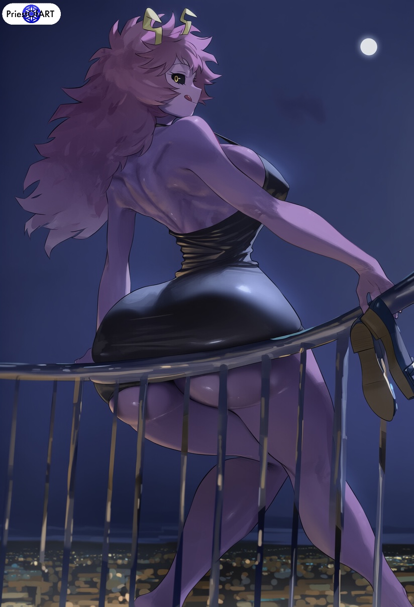 1girls :d ai_generated ashido_mina big_ass black_dress boku_no_hero_academia boots curvy dress female female_only horns indoors long_hair my_hero_academia naughty_face night pink_skin priestofart purple_hair railing shiny solo solo_female thick_thighs toes watercolor_(artwork) watermark wide_hips yellow_eyes