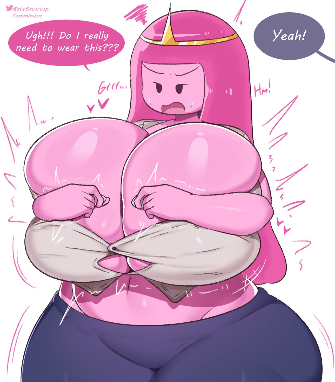 2026 adventure_time artist_name bursting_breasts bursting_clothes buttoning_shirt cartoon_network female female_focus heart_symbol huge_breasts massive_breasts no_bra overflowing_breasts pink_hair pink_skin princess_bubblegum shiny_skin startop struggling_to_fit tight_clothing toned_stomach white_background wide_hips