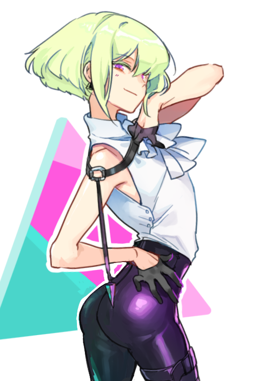 1boy 1femboy androgynous ass ass_focus blonde_hair blush blushing_at_viewer bob_cut clothed clothing confident confident_smile femboy femboy_only femboydom feminine_faced_male feminine_male fully_clothed leather leather_clothing leather_harness lio_fotia looking_at_viewer petite petite_body petite_male promare questionable seductive seductive_look seductive_smile short_hair short_male slim slim_male slim_waist smiling_at_viewer smug smug_face solo suggestive_look thin_waist tight_clothing tight_pants twink