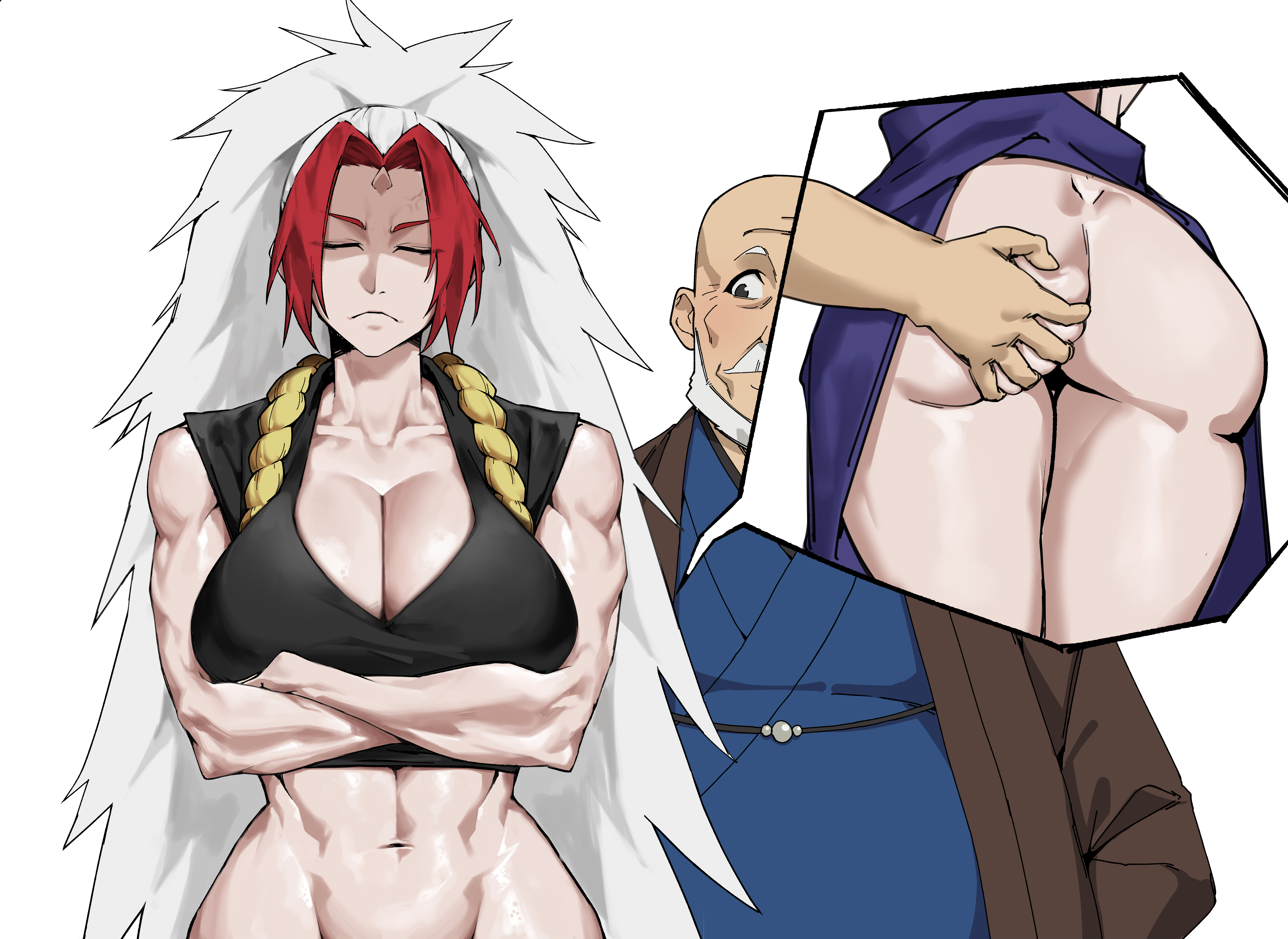 1female, 1male, arms crossed, big boobs, big breasts, big tits, cleavage, cleavage cutout, dirty old man, exposed ass, exposed butt, exposed buttocks, eyes closed, fit female, grope, grope from behind, groped from behind, groping ass, groping from behind, left (yomi no tsugai), molestation, molested, molesting, muscle mommy, muscular female, no panties, old male, old man, oni female, oni horn, sexual harassment, touching another's ass, touching ass, trying to be quiet, two-tone hair, updress, yomi no tsugai