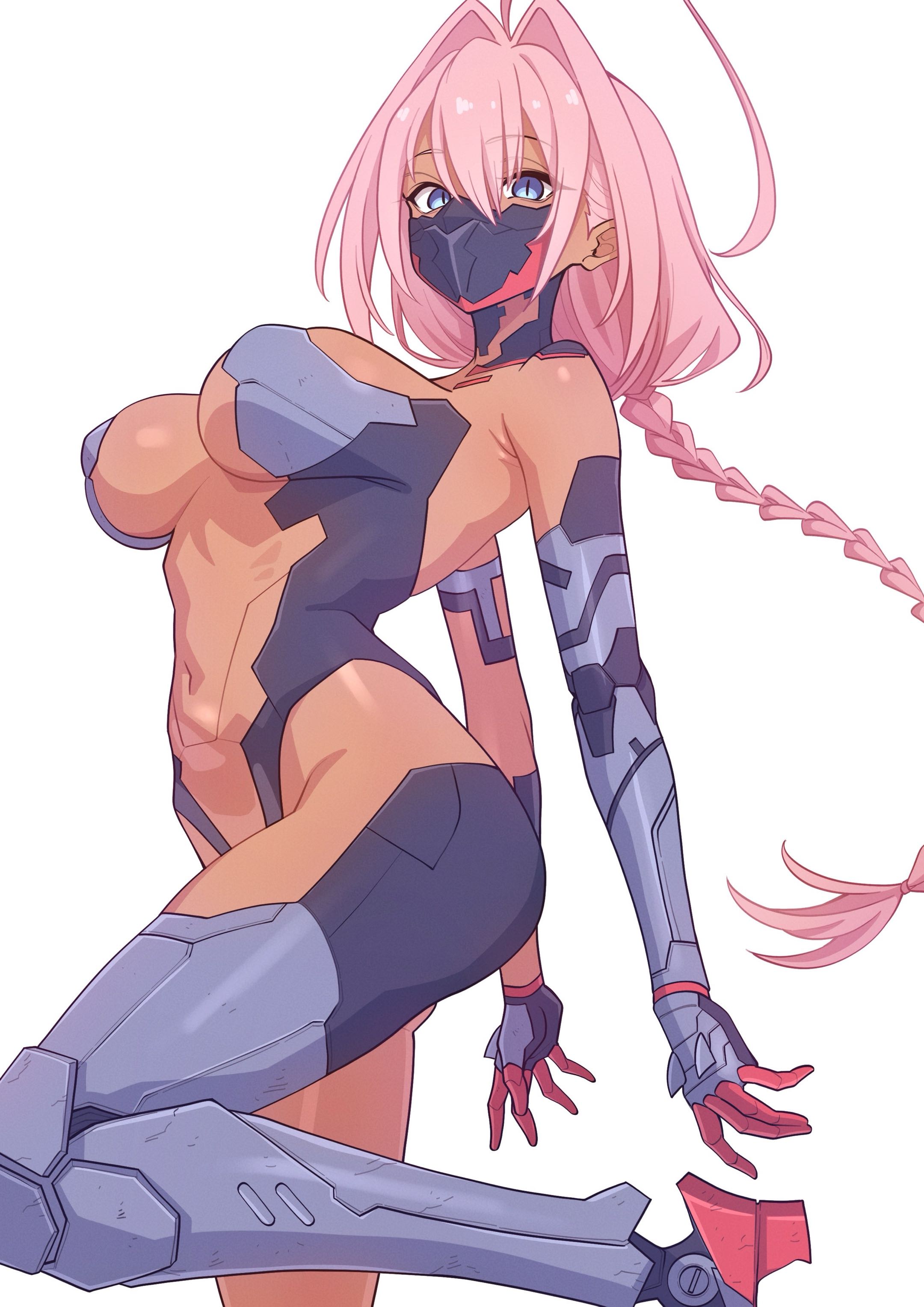 1girls, blue eyes, color, cyberpunk 2077, cyberpunk girl, cyberpunk: edgerunners, cyborg, cyborg girl, female, female focus, female only, hi res, long hair, looking at viewer, mekato, pink hair, slim waist, solo, solo female, talia yang, tan body, tan skin, thick thighs