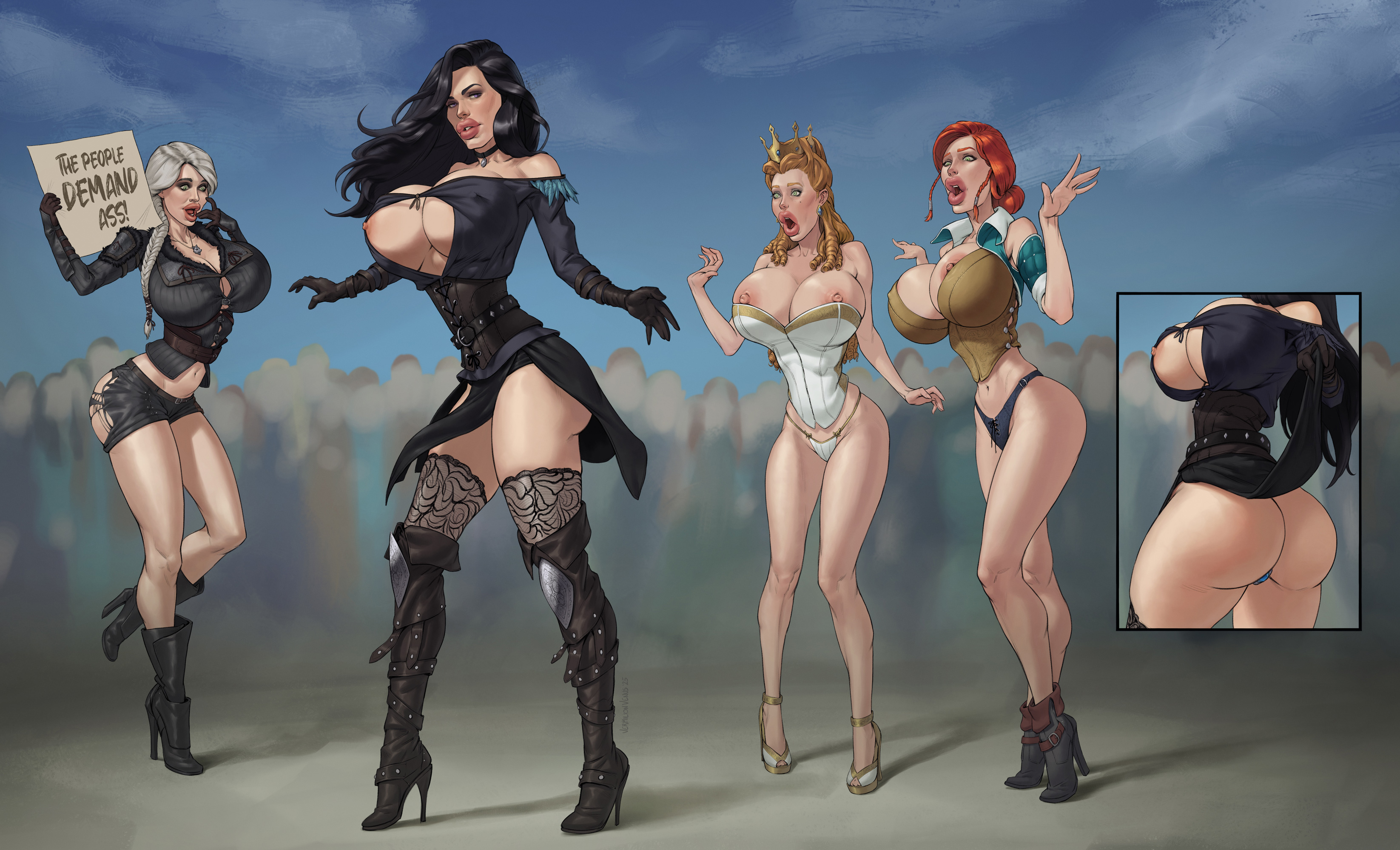 2d, 4girls, anna henrietta, ass, big ass, big breasts, bimbo, black hair, blonde hair, braid, breasts, bubble butt, cd projekt red, choker, ciri, crown, curvy body, curvy female, earrings, female, female only, green eyes, high heel boots, high heels, light skin, light-skinned female, mascara, necklace, nipples, purple eyes, red hair, scar, suprised expression, the witcher (series), the witcher 3: wild hunt, the witcher 4, thong, triss merigold, vermilion venus, white hair, wide hips, witcher medallion, yennefer