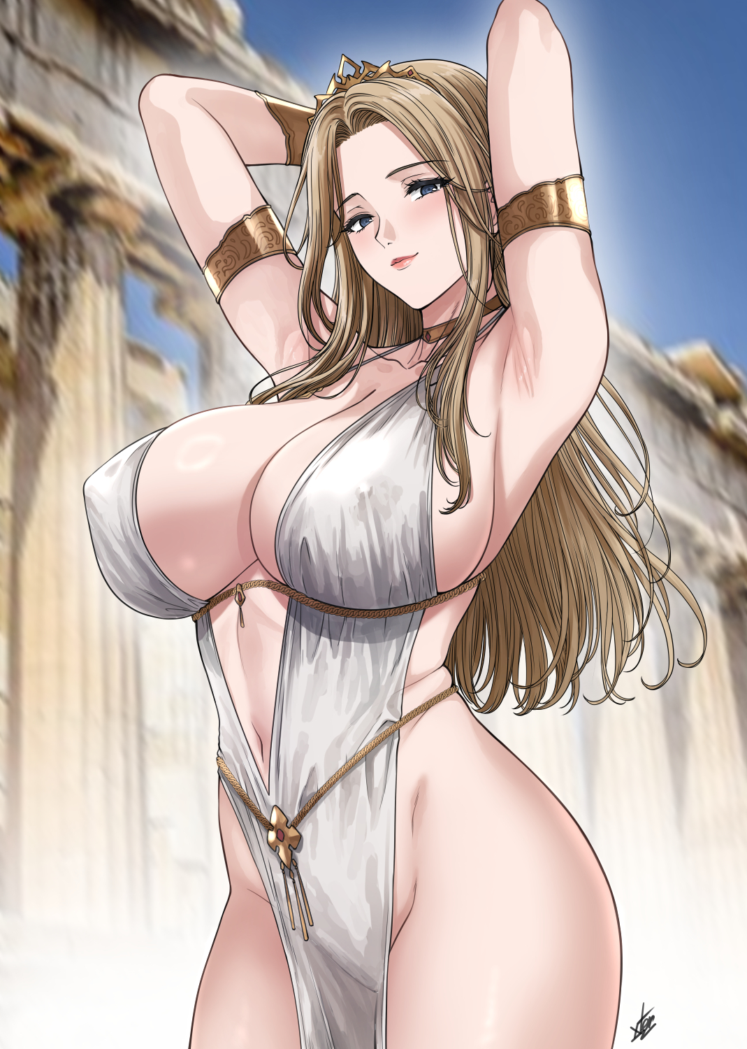 1girls, 2d, 2d (artwork), armpits, arms behind back, arms behind head, arms up, blonde hair, blonde hair female, blue eyes, breasts, cleavage, cleavage cutout, crown, digital drawing (artwork), digital media (artwork), dress, female, female focus, female only, full color, greek clothes, greek female, greek mythology, helen of troy, high resolution, highres, jewelry, light skin, light-skinned female, long hair, long hair female, milf, nipples, no panties, seductive, solo female, solo focus, the epic cycle, thin, thin waist, trojan war, white dress, woman, xter, xtermination