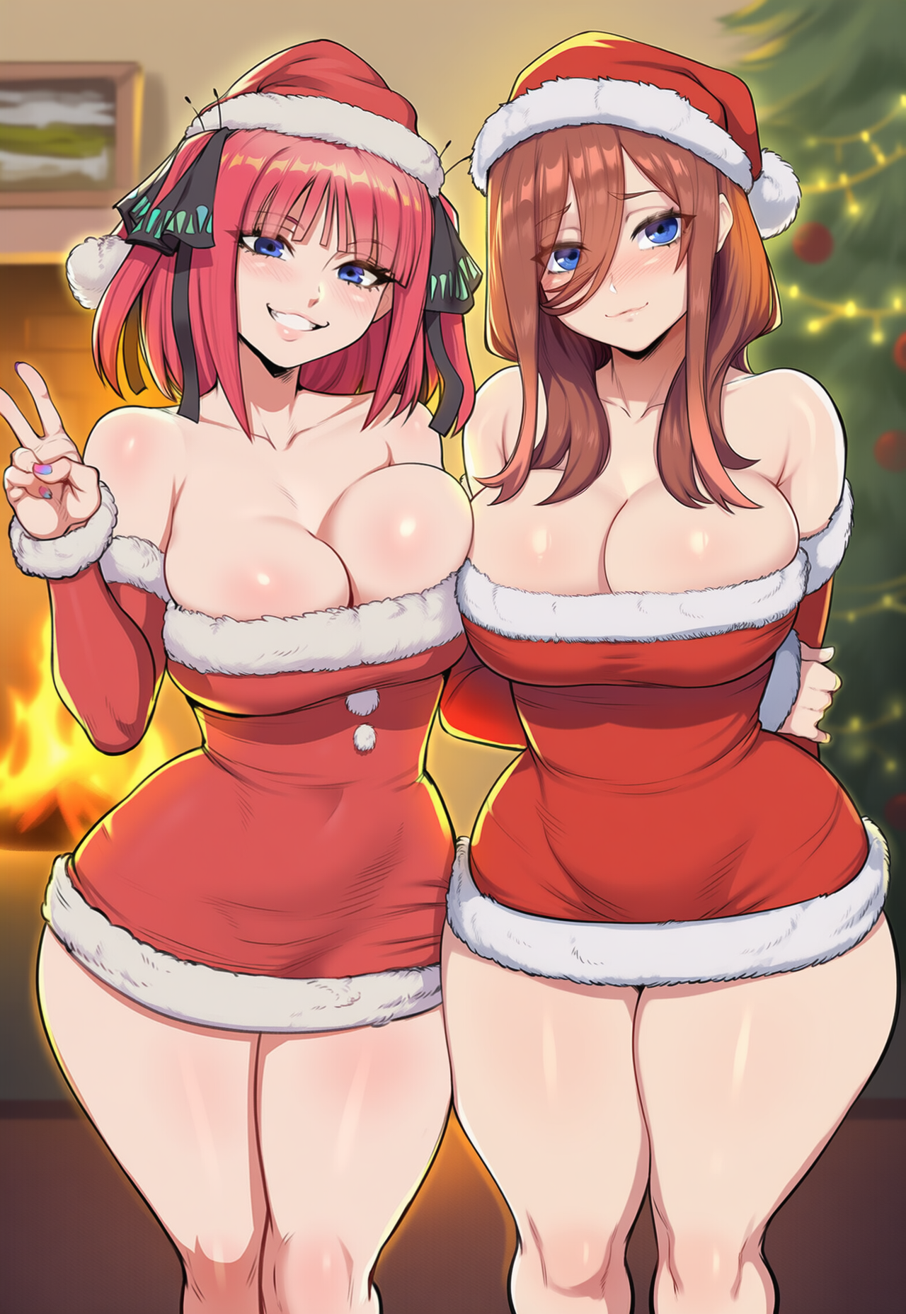 2girls, ai generated, big breasts, blue eyes, breasts, brown hair, christmas, christmas clothing, christmas hat, christmas outfit, dijiai, female, go-toubun no hanayome, hair, light skin, light-skinned female, medium hair, nakano miku, nakano nino, pink hair, short hair, sisters, thick thighs, thighs