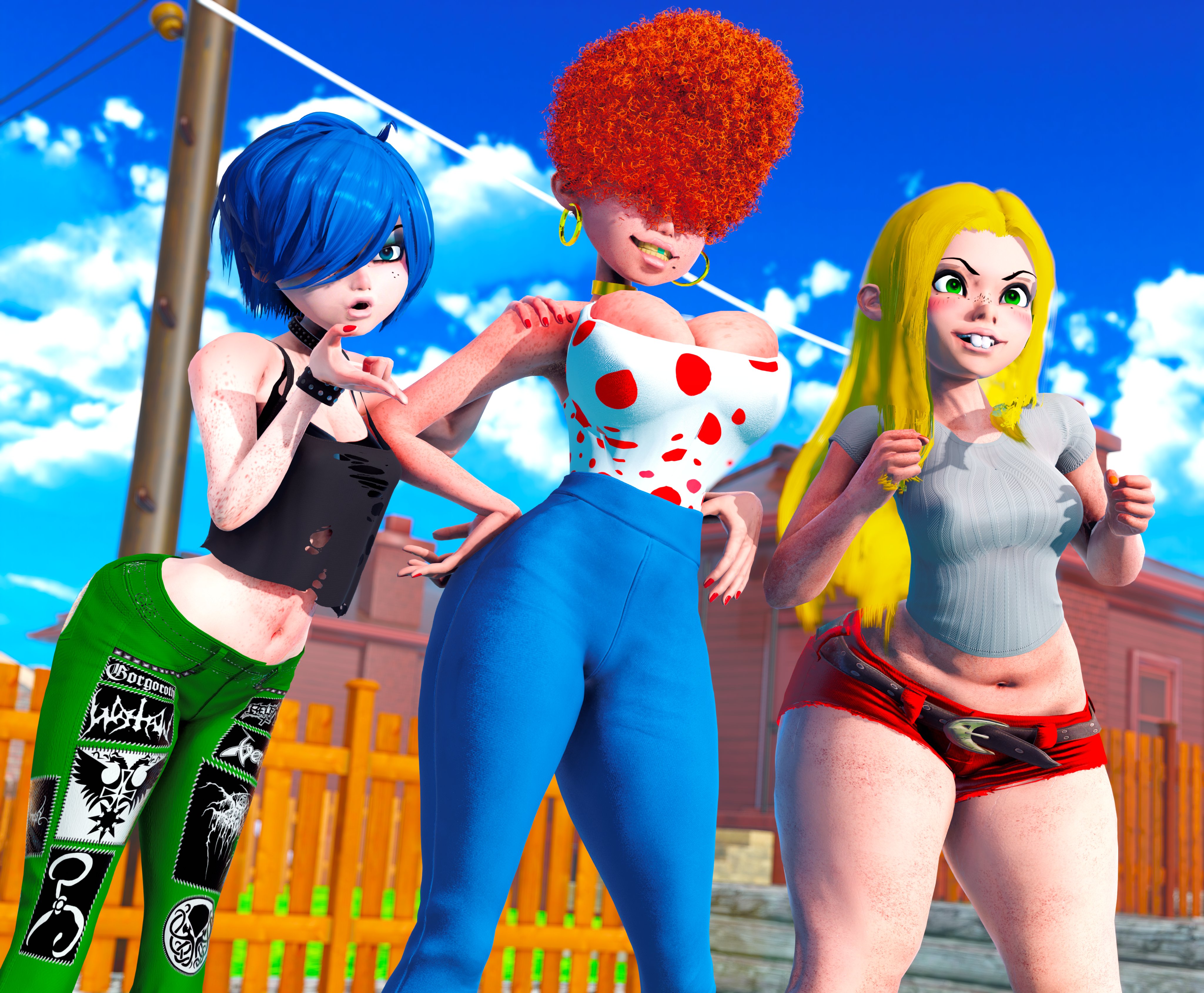 3d, 3girls, blonde hair, blue eyes, breasts, cartoon network, ed edd n eddy, female, freckles, green eyes, hair over eyes, huge breasts, kanker sisters, lee kanker, marie kanker, may kanker, prevence, red hair, short shorts, sisters