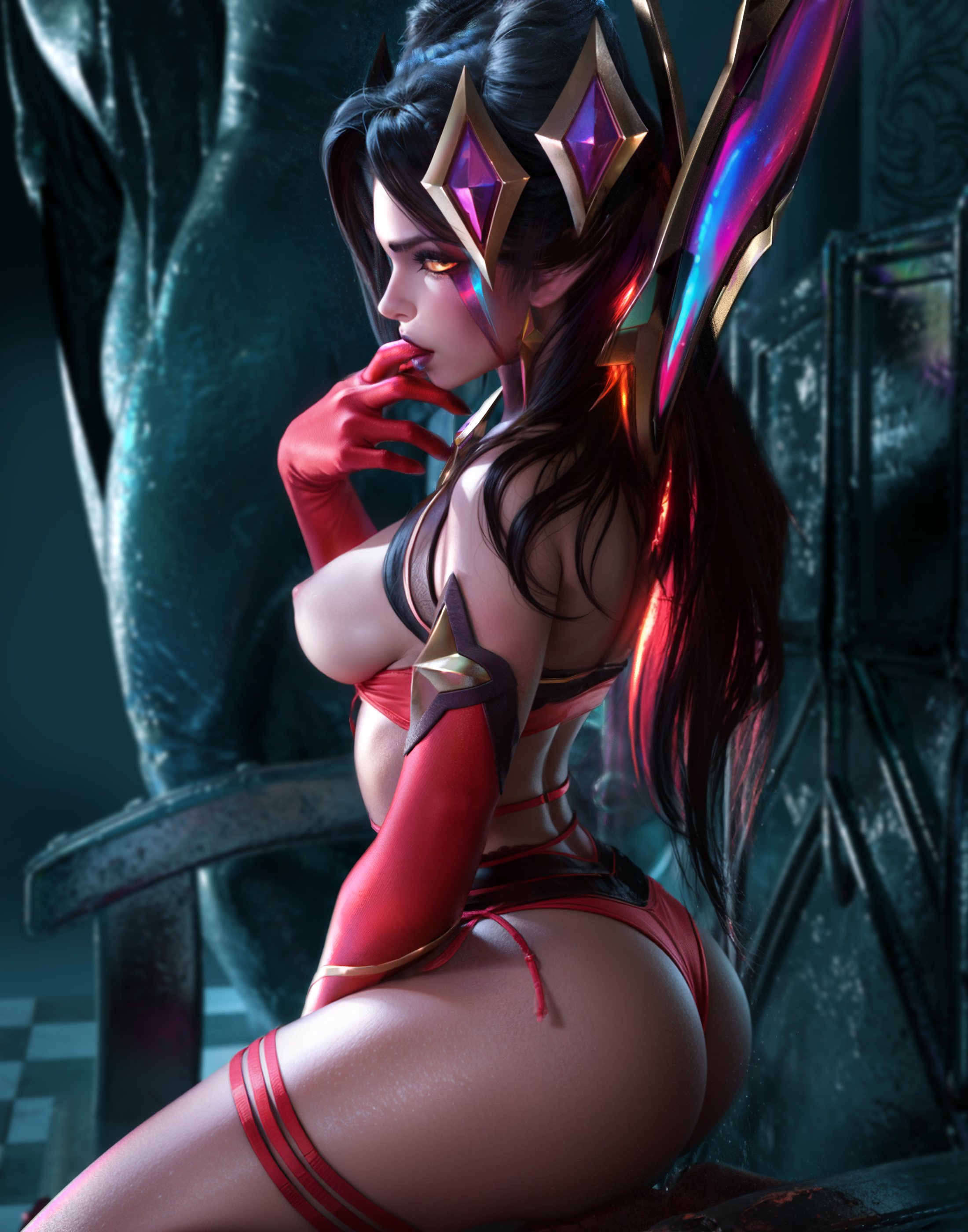1girls, bikini, bikini aside, breasts, breasts out, detached sleeves, earrings, elf ears, exposed breasts, female, female focus, female only, gloves, hand in mouth, hand in panties, handwear, headgear, kneeling, league of legends, looking at viewer, makeup, morgana, nipples, posing, red bikini, seductive, seductive look, sevenbees, side-tie bikini, sleeves, solo, solo female, source request, star guardian series, star nemesis morgana, swimsuit, tagme, thick thighs, thigh strap