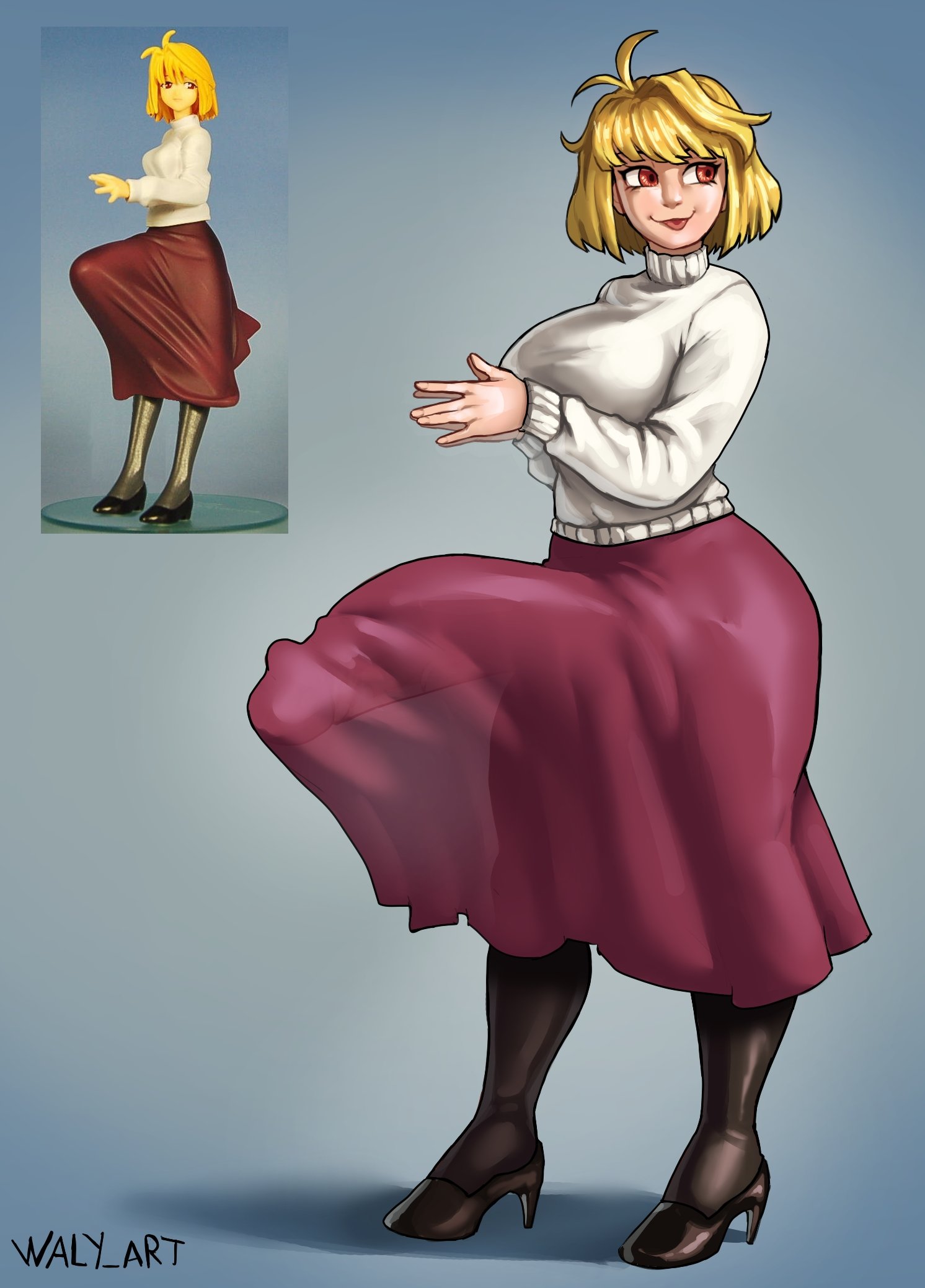 1futa, alternate version available, arcueid brunestud, big breasts, big penis, blonde futa, blonde hair, bulge, bulge under clothes, busty, dick, dickgirl, el wallyxd, erect penis, erection, erection under clothes, fat cock, futa only, futanari, huge breasts, huge cock, large breasts, large penis, melty blood arcueid figure (meme), meme, mostly clothed, penis, penis outline, penis under clothes, reference image, solo, solo futa, tsukihime, waly xox