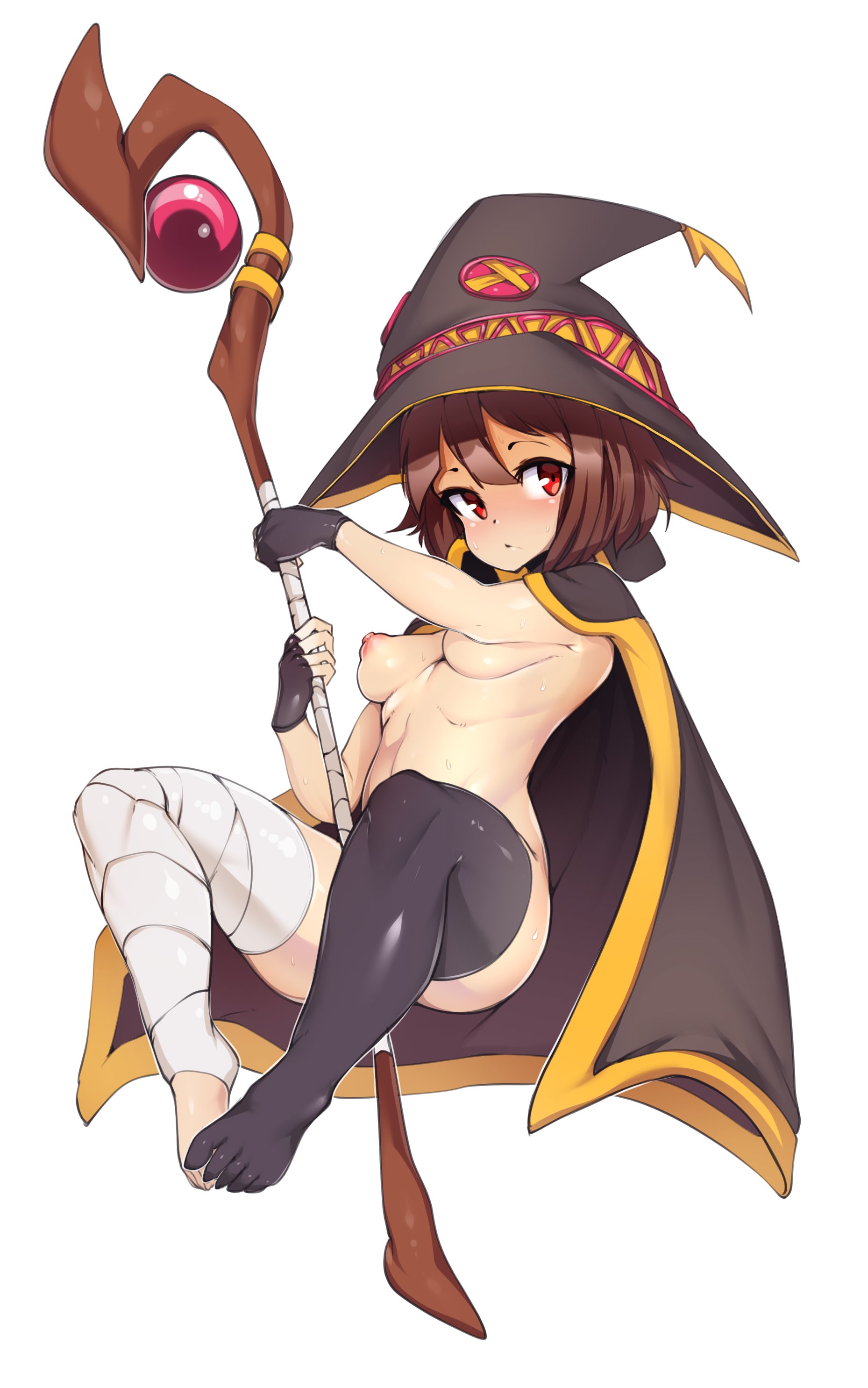1girls, bandages, blush, breasts, brown hair, cape, female, fingerless gloves, kono subarashii sekai ni shukufuku wo!, medium breasts, megumin, mostly nude, nipples, red eyes, short hair, slugbox, spread toes, staff, sweat, thick thighs, thighhighs, thighs, toe socks, toes, white background, witch hat