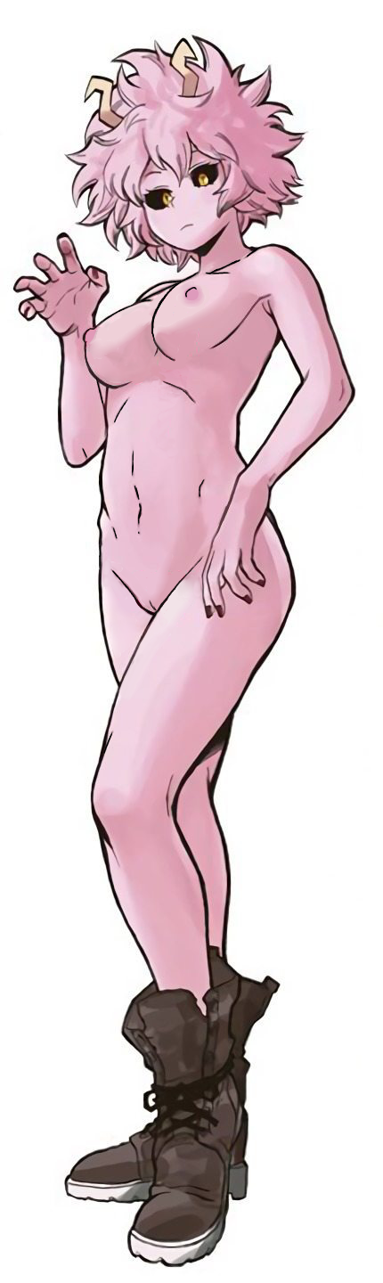 :/, 1girls, abs, afro, antennae, armpits, black sclera, boots, breasts, edited, female, female only, full body, highres, looking at viewer, mina ashido, my hero academia, naked boots, naked footwear, navel, nipples, nude, pink hair, pink skin, pink-haired female, pussy, simple background, third-party edit, uncensored, white background, yellow eyes