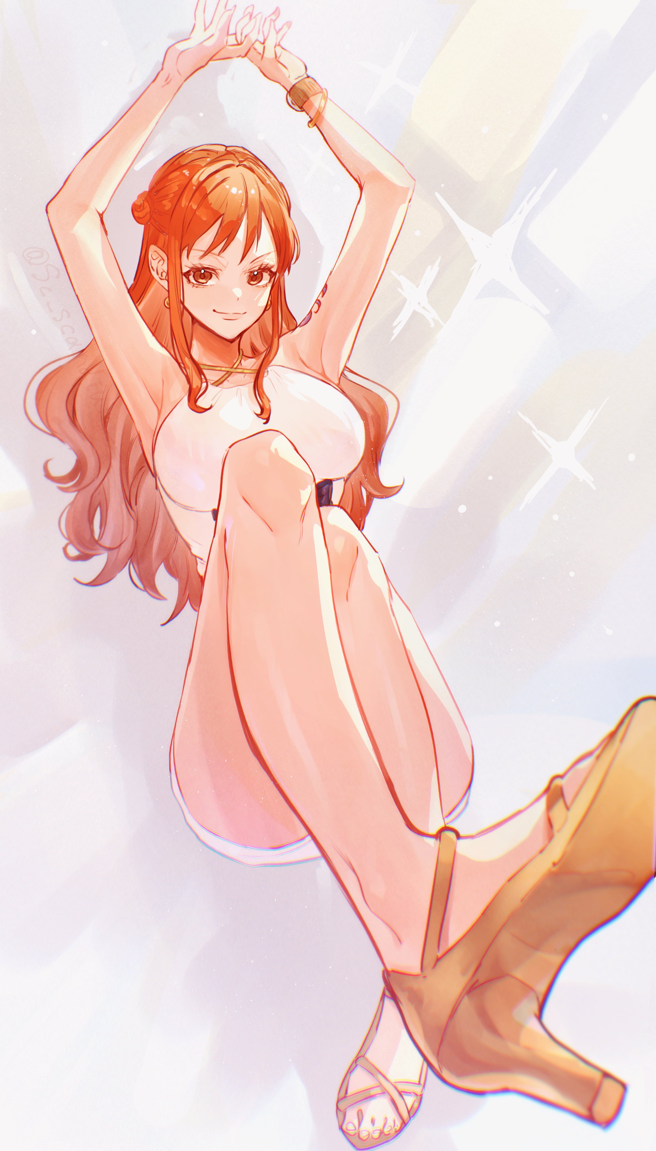 1girls, arm tattoo, arms above head, arms up, bare legs, big breasts, blue tattoo, breasts, brown eyes, clothed, clothing, dress, earrings, female, female focus, female only, high heels, large breasts, light skin, light-skinned female, long hair, looking at viewer, nami (one piece), one piece, orange hair, orange-haired female, post-timeskip, sc scandium, solo, tattoo, thick thighs, thighs