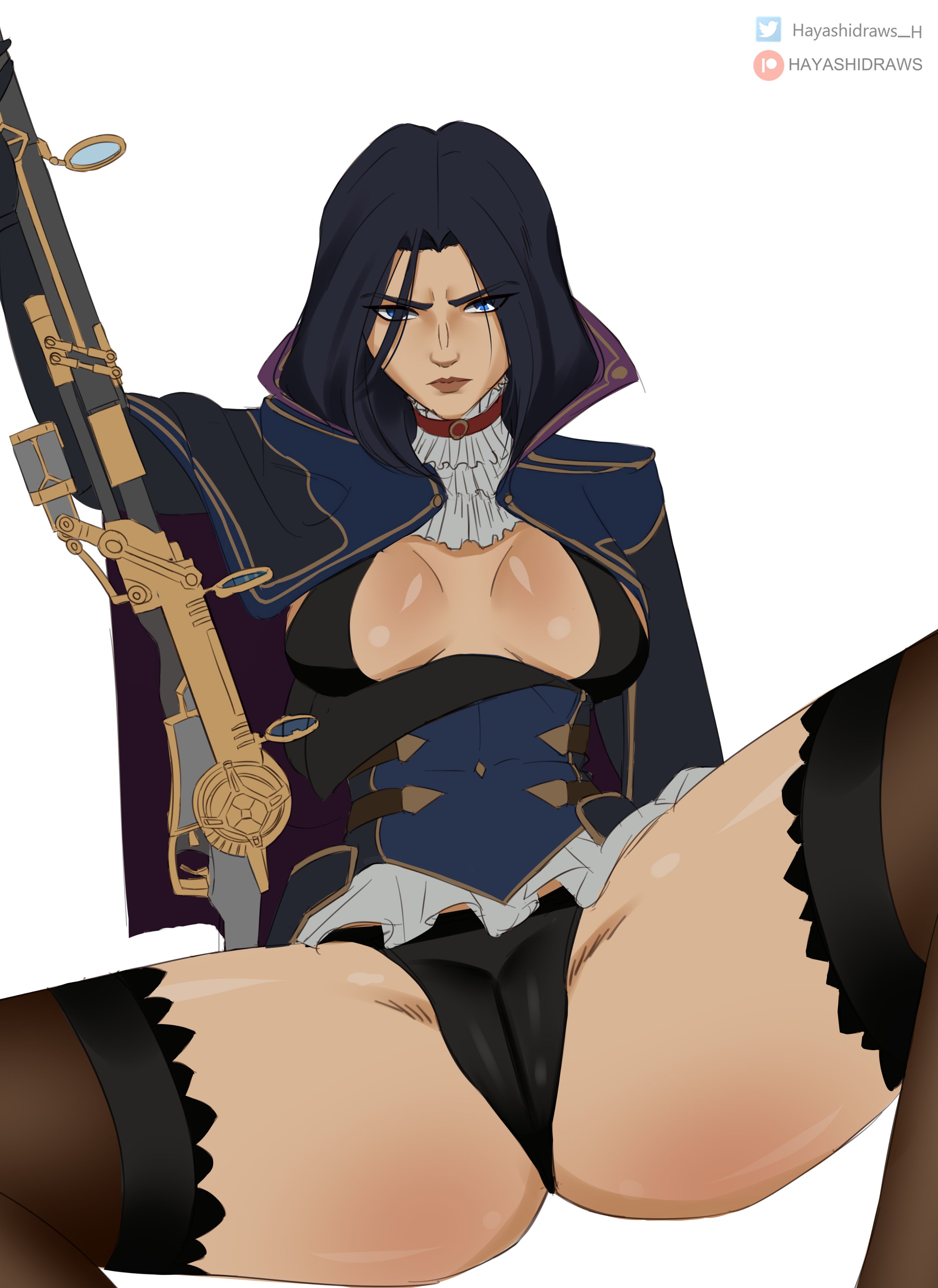 ass, big ass, big breasts, big butt, big thighs, blue eyes, blue hair, breasts, caitlyn kiramman, female, hayashidraws, league of legends, legs, legs spread, light skin, light-skinned female, looking at viewer, pussy, pussy visible through clothes, thick legs, thick thighs, thighhighs, thighs