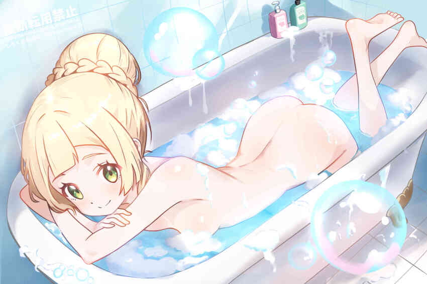 1girls, barefoot, bath, blonde hair, completely nude, female, female only, full body, green eyes, iuft4302, lillie (pokemon), naked, naked female, nude, nude female, pokemon, shirokumaru (yafm7388), solo, solo female, water, white body
