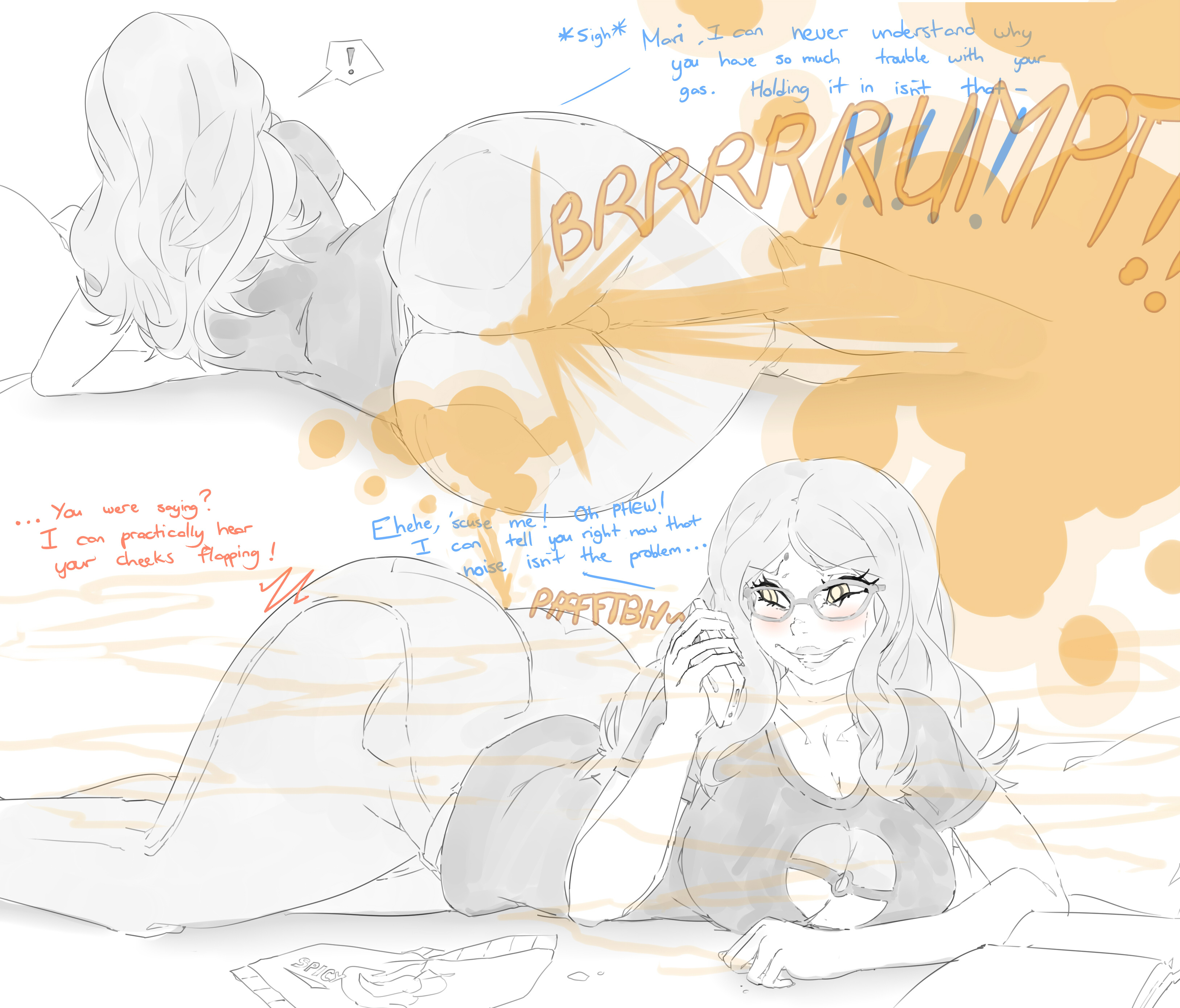 !, 1girls, alya cesaire, ass, ass bigger than head, big ass, big butt, blush, denim, english text, fart, fart cloud, fart fetish, farting, female, glasses, jeans, laying down, laying on side, lazei, miraculous ladybug, on phone, phone, rear view, sketch, smile, solo female, text, thick thighs, uncolored, viewed from behind