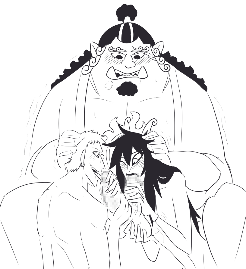 balls between_legs blowjob blush blushing_male caesar_clown donquixote_doflamingo femboy fishman gagged grabbing_penis greenokapi hand_on_head horn horns huge_cock jinbe lipstick oral penis tears teeth tongue