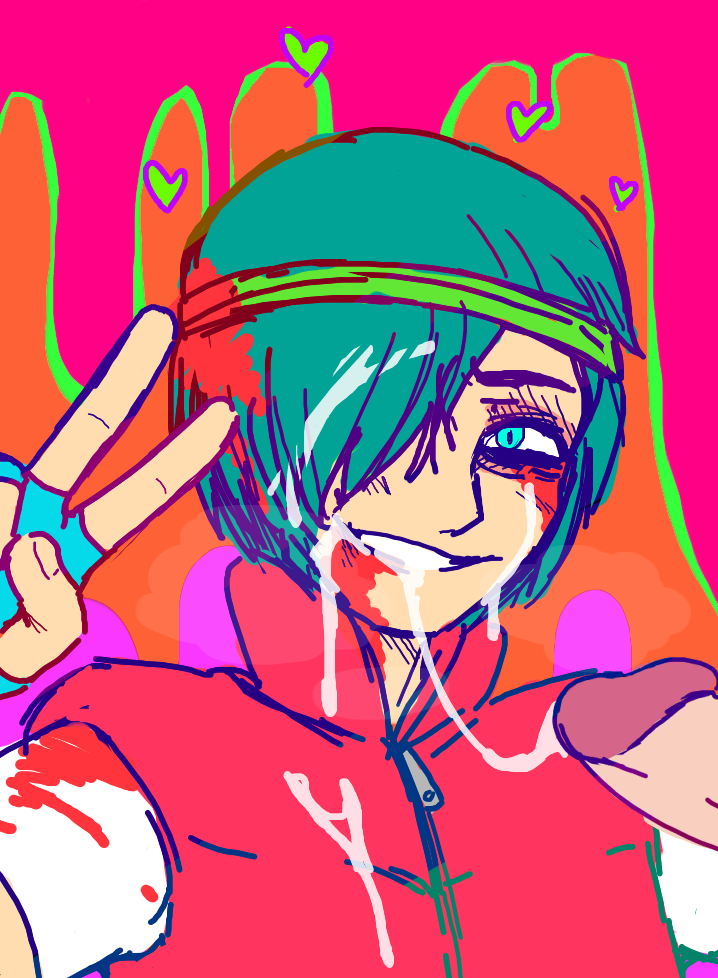 after_oral biker_(hotline_miami) blood blood_stain blue_eyes clothed cum_in_hair cum_on_face cumdrip cumstring erection femboy frenulum glans guro hair_over_one_eye hairband heart hotline_miami hotline_miami_2 huge_cock octoboy smile teal_hair v yaoi