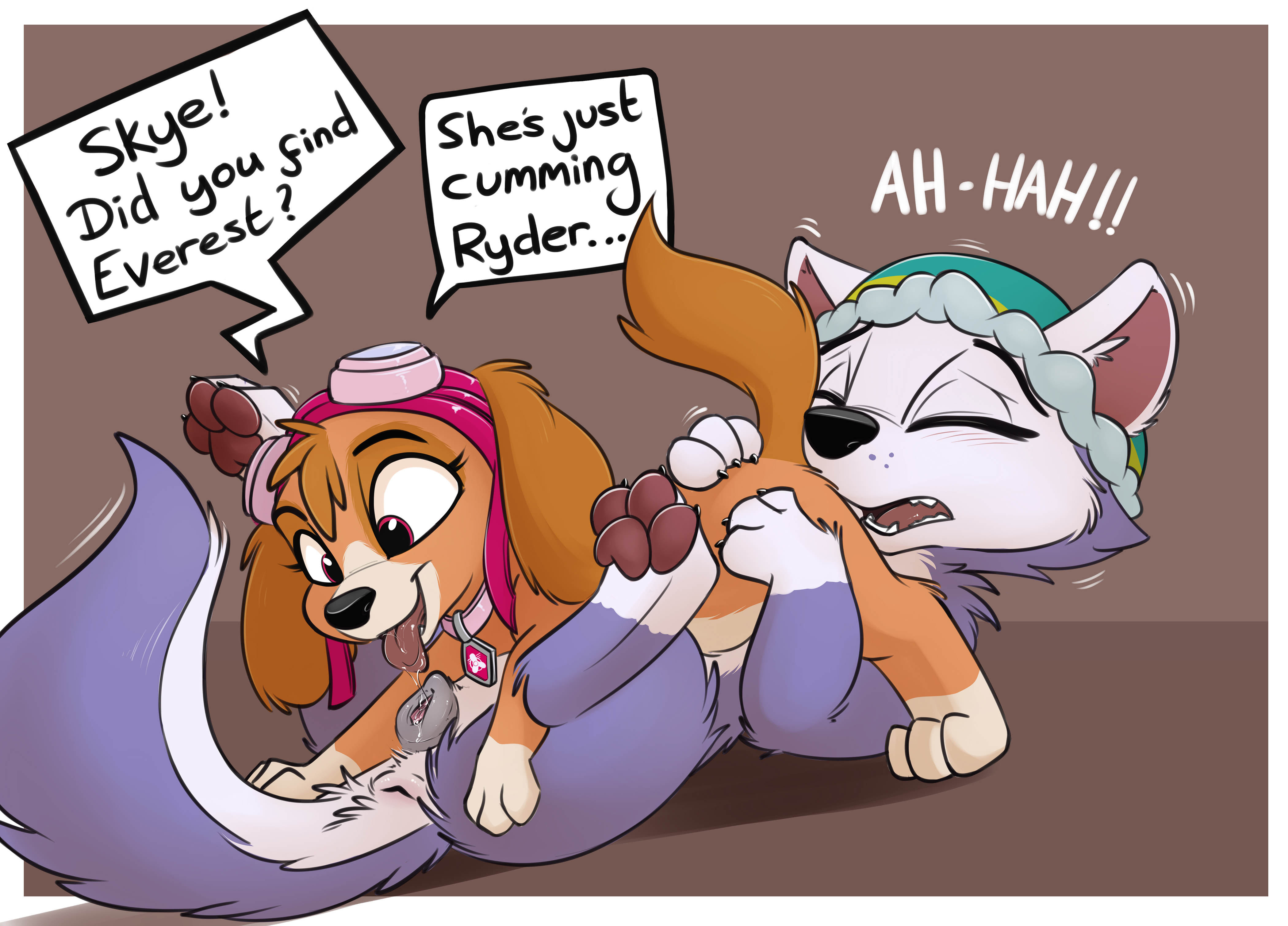 2018, 2girls, 69, anatomically correct, anatomically correct pussy, animal genitalia, animal pussy, brown fur, canine, canine pussy, closed eyes, collar, cunnilingus, dialogue, drool, drooling, duo, english text, everest (paw patrol), eyewear, fangs, female, female orgasm, feral, floppy ears, fur, furry, furry only, goggles, highres, lying, mammal, nickelodeon, on back, open mouth, oral, orgasm, paw patrol, pawpads, paws, purple fur, pussy, saliva, sex, shaking, skye (paw patrol), smitty g, teeth, text, tongue, tongue out, trembling, vaginal penetration, yuri