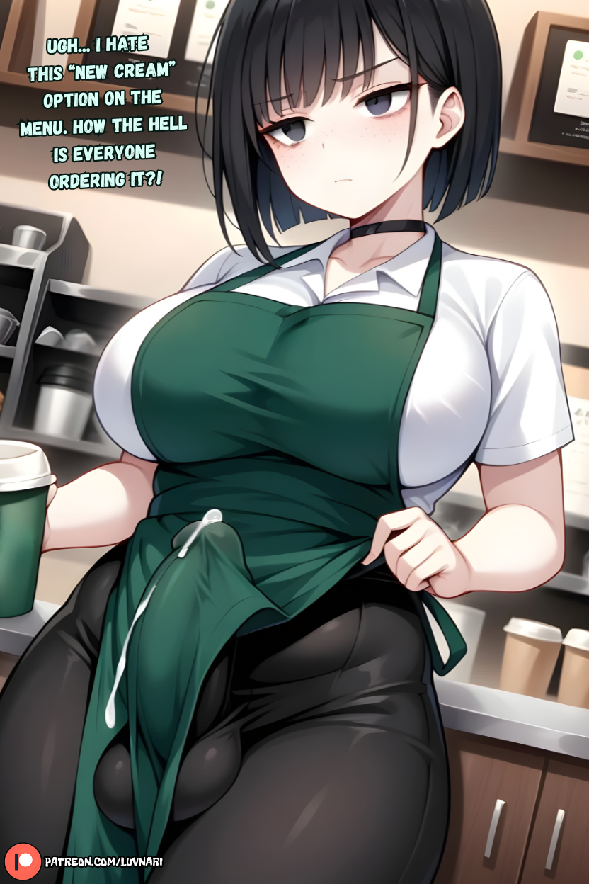 1futa, ai generated, armpits, ass, balls, barista, big ass, big balls, big breasts, big butt, big penis, breasts, cock, coffee, coffee cup, cum in drink, curvy, curvy figure, dialogue, dickgirl, english text, futa only, futanari, hairy armpits, hips, hourglass figure, huge balls, huge cock, hung, hung futa, iced latte with dick milk, intersex, light skin, light-skinned futa, looking at viewer, luvnari, penis, pubic hair, showing penis, solo, solo focus, solo futa, starbucks, talking to viewer, tan body, tanned, tanned skin, voluptuous, voluptuous futa