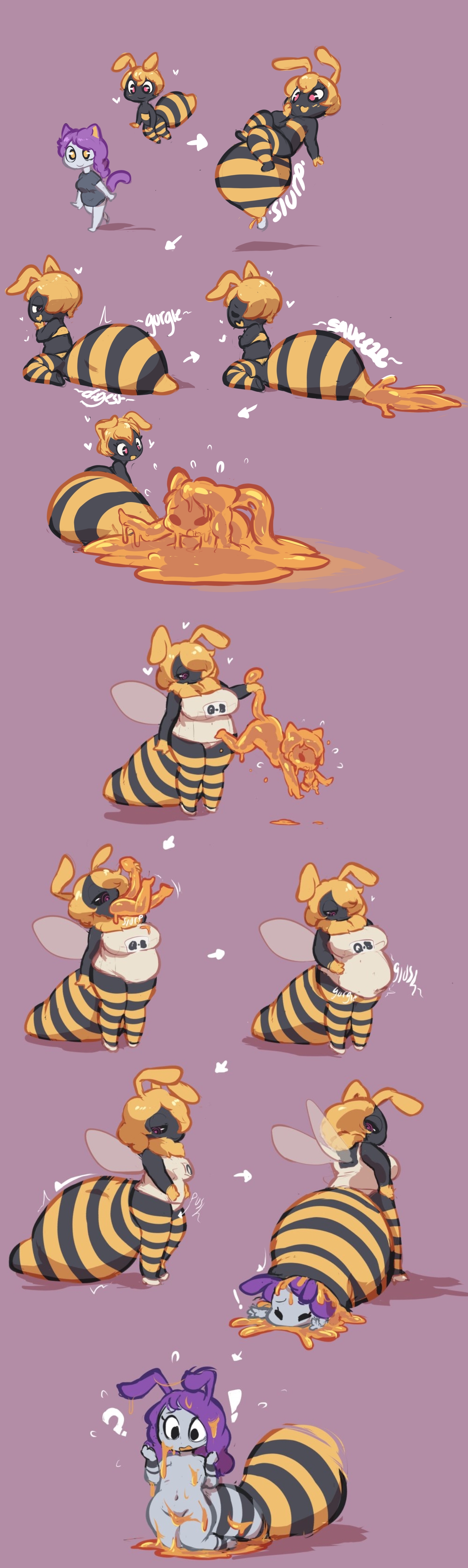 abdomen vore, bee girl, cat girl, catgirl, confused, digestion noises, female, goo creature, honey, honey girl, loliswitch, multiple preds, oral vore, rebirth, same size vore, sequence, soft vore, species transformation, tail vore, transformation, unwilling, unwilling prey, unwilling vore, vore