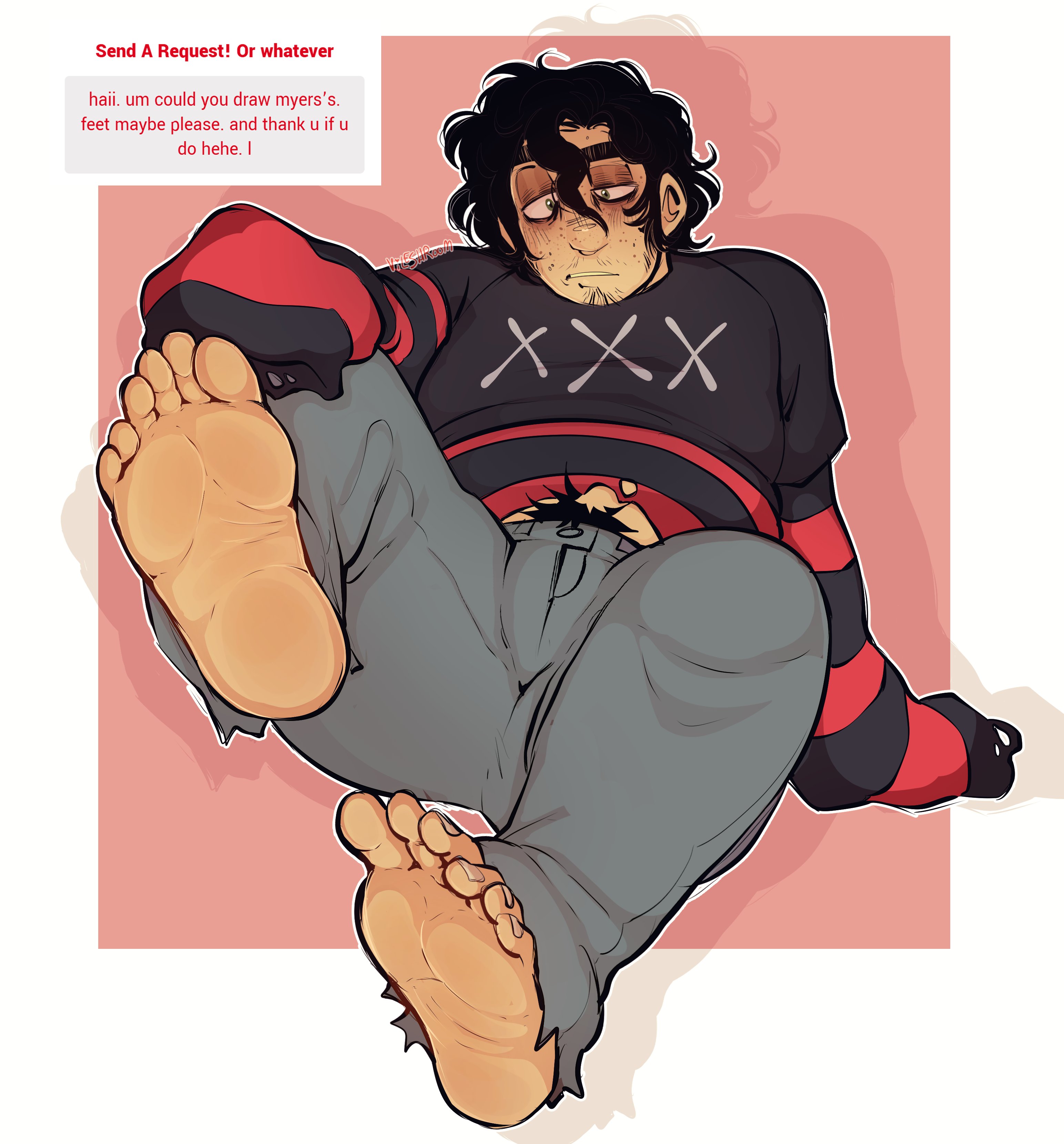 1boy, baby myers, bileshroom, bush, bushy pubes, chubby, feet, feet focus, feet up, foot fetish, foot focus, happy trail, male, male foot fetish, pinup, presenting feet, purpleverse, reclining, soles, strawpage request, the loverman killer