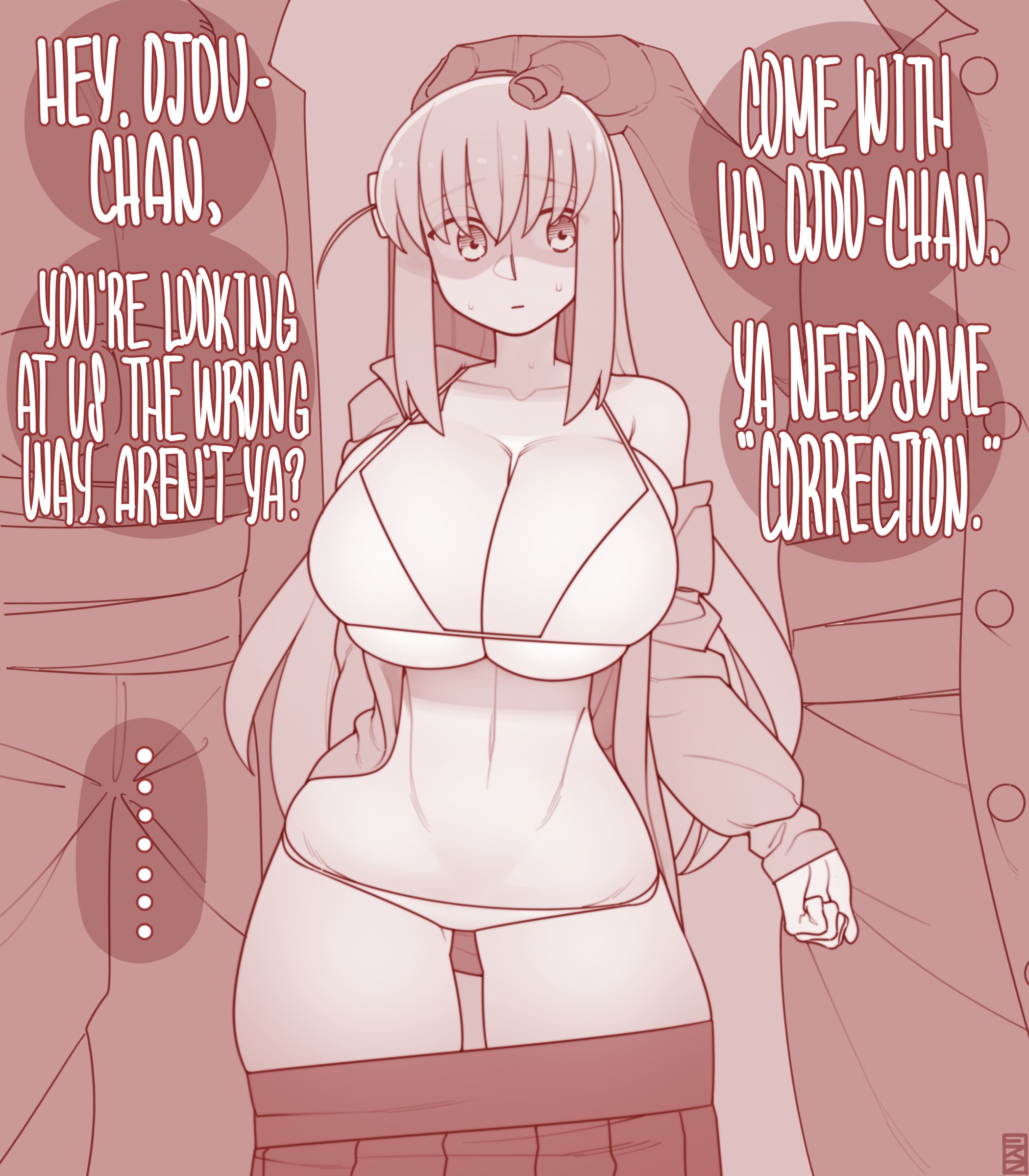 1girls, 2boys, big breasts, bocchi the rock!, bra, breasts, ekz, female, gotou hitori, large breasts, male, midriff, panties, tagme
