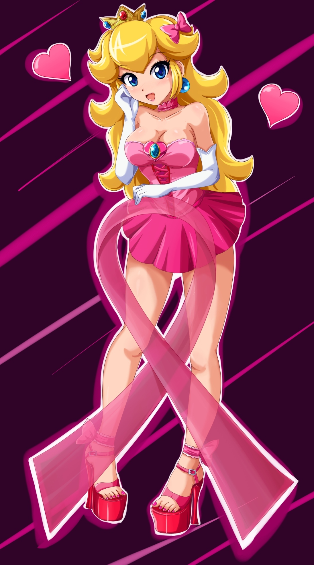 1girls, alternate costume, big breasts, blonde hair, blue eyes, breast cancer awareness, breast cancer symbol, breasts, busty, cleavage, crown, dress, earrings, elbow gloves, female, female only, gloves, high heels, huge breasts, human, jewelry, jpeg, large breasts, long hair, mario (series), nintendo, open toe shoes, pink ribbon, princess, princess peach, shoes, sigurdhosenfeld, solo, strapless, strapless dress, white gloves, wholesome