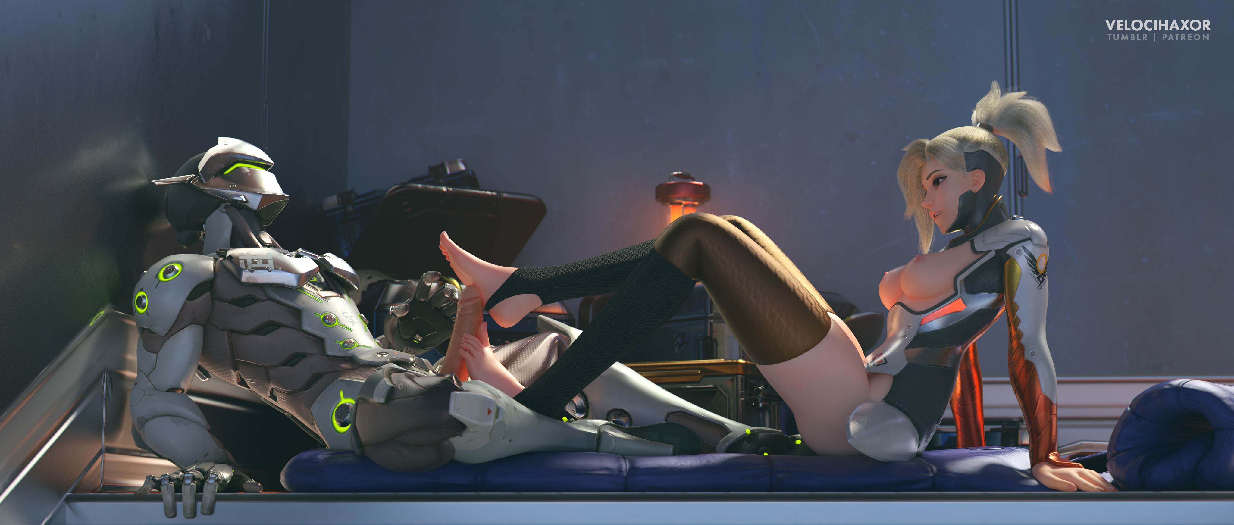 3d, absurdres, areolae, barefoot, blender, breasts, erection, feet, female, foot fetish, footjob, footjob with legwear, genji, highres, male, mercy, nipples, overwatch, penis, straight, thighhighs, toes, velocihaxor