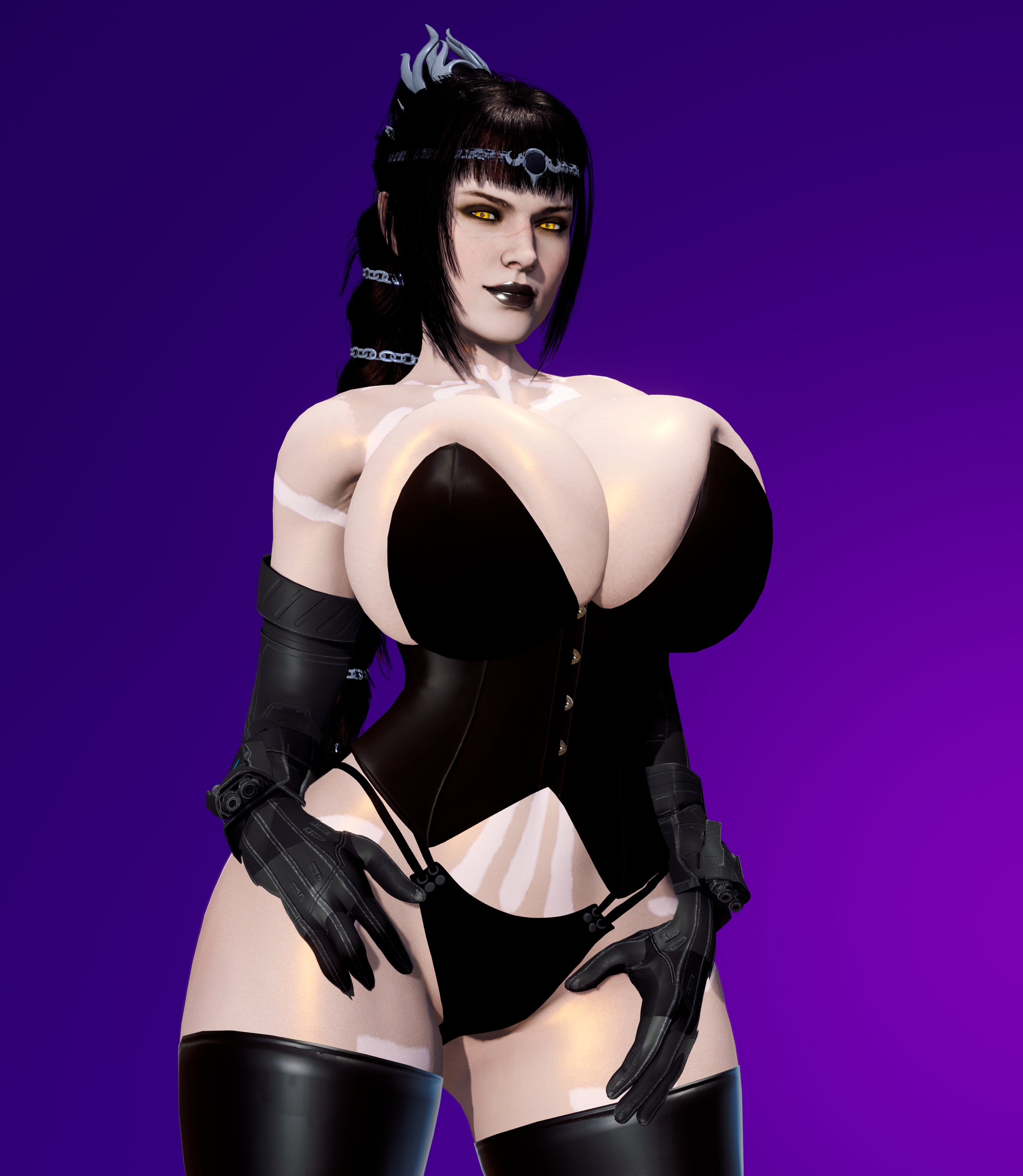 1girls, 3d, alternate breast size, baldur's gate, baldur's gate 3, big breasts, black elbow gloves, black gloves, black hair, black lipstick, black panties, black thighhighs, breasts, corset, dungeons and dragons, elbow gloves, female, gloves, goth, hyper, hyper breasts, monochrome background, overflowing breasts, panties, ponytail, prevence, shadowheart, simple background, smiling, smiling at viewer, solo, solo female, yellow eyes