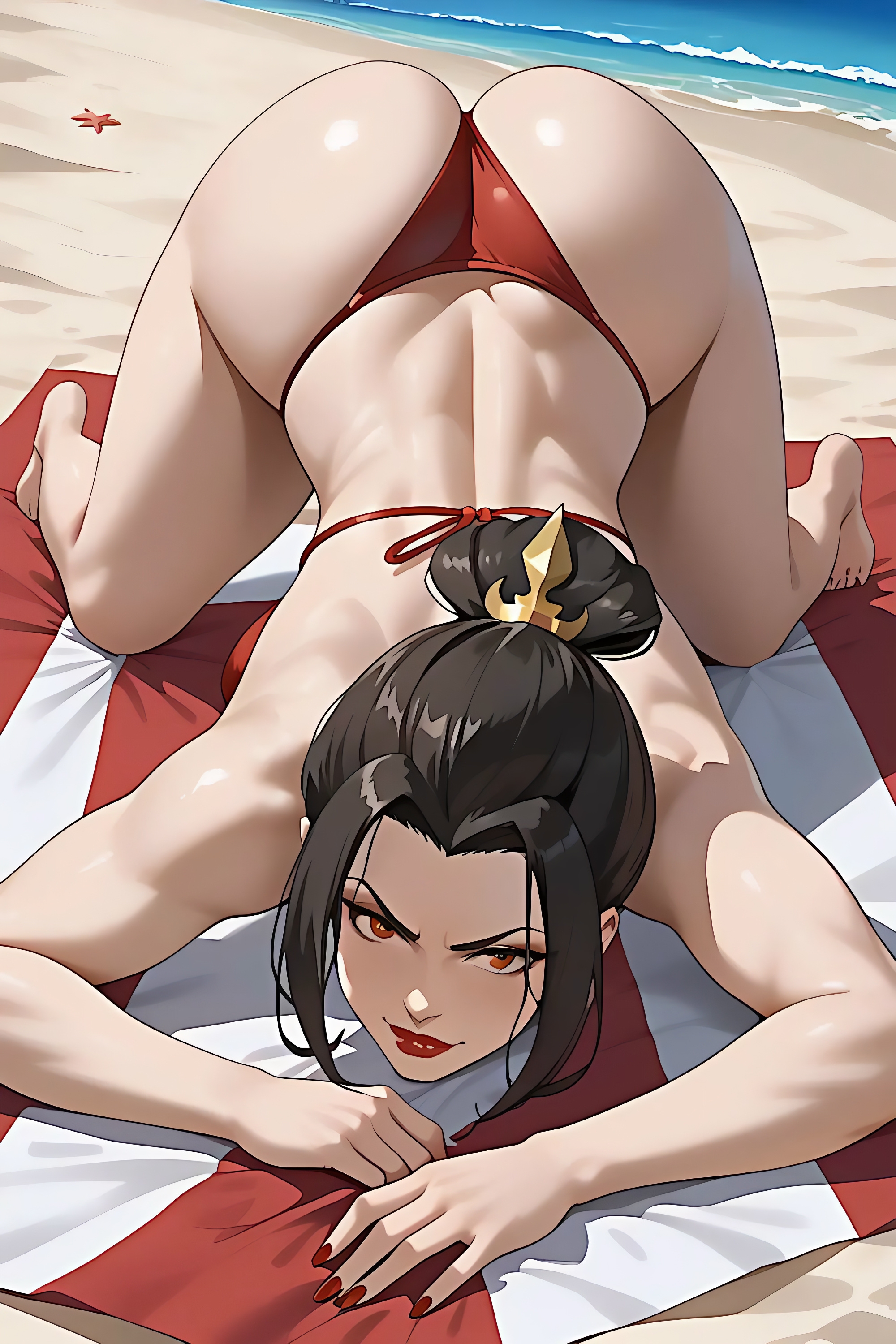 ai generated, ass, ass up, avatar the last airbender, azula, beach, beach towel, bikini, female, head down ass up, solo