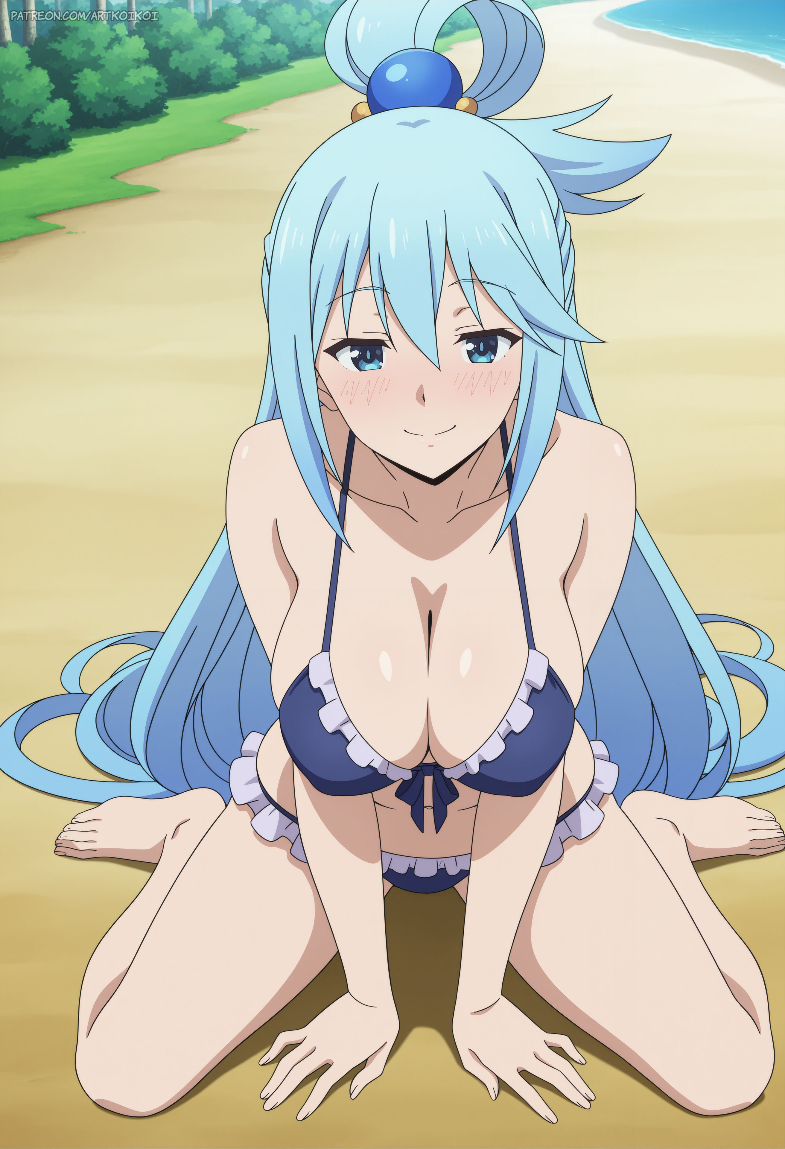 1girls, ai generated, aqua (konosuba), artkoikoi, ass, beach, bikini, female, kono subarashii sekai ni shukufuku wo!, panties