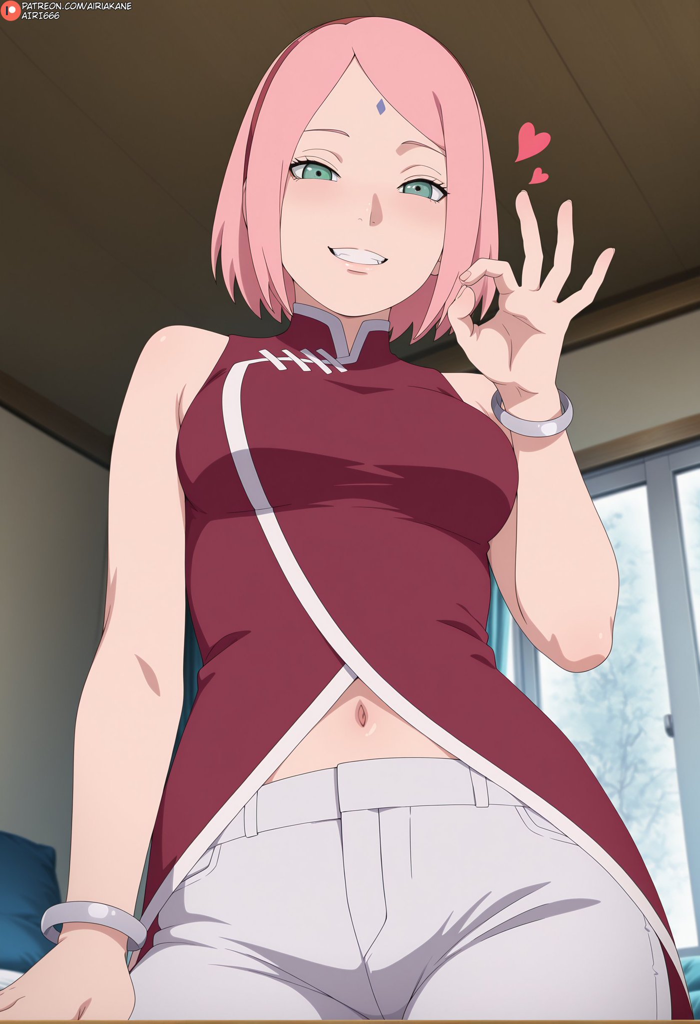 ai generated, athletic, athletic female, bare thighs, big breasts, blush, boruto: naruto next generations, breasts, fellatio gesture, female, green eyes, high resolution, light skin, light-skinned female, looking at viewer, mature female, milf, nai diffusion, naruto, naruto (series), pink hair, sakura haruno, short hair, shounen jump, smiling, solo female, squatting, sweat, sweatdrop, thick body, thick female, thick thighs, thighs, voluptuous, voluptuous female