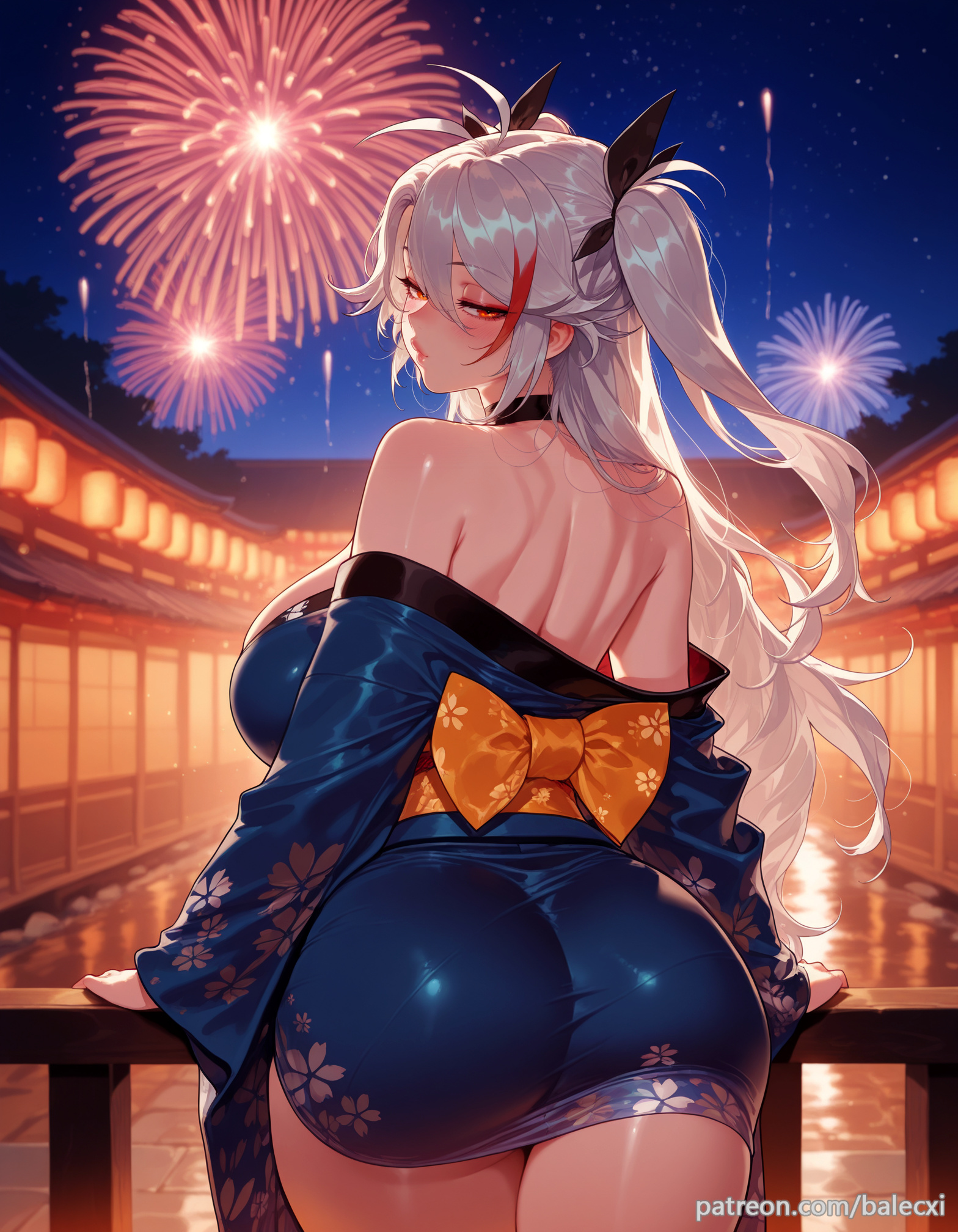 ai generated, ass, azur lane, balecxi, bare shoulders, black choker, blue kimono, blush, breasts, female, fireworks, from behind, japanese clothes, large breasts, long hair, looking at viewer, looking back, night, night sky, off shoulder, outdoors, patreon username, prinz eugen (azur lane), red hair, solo, streaked hair, two side up, white hair
