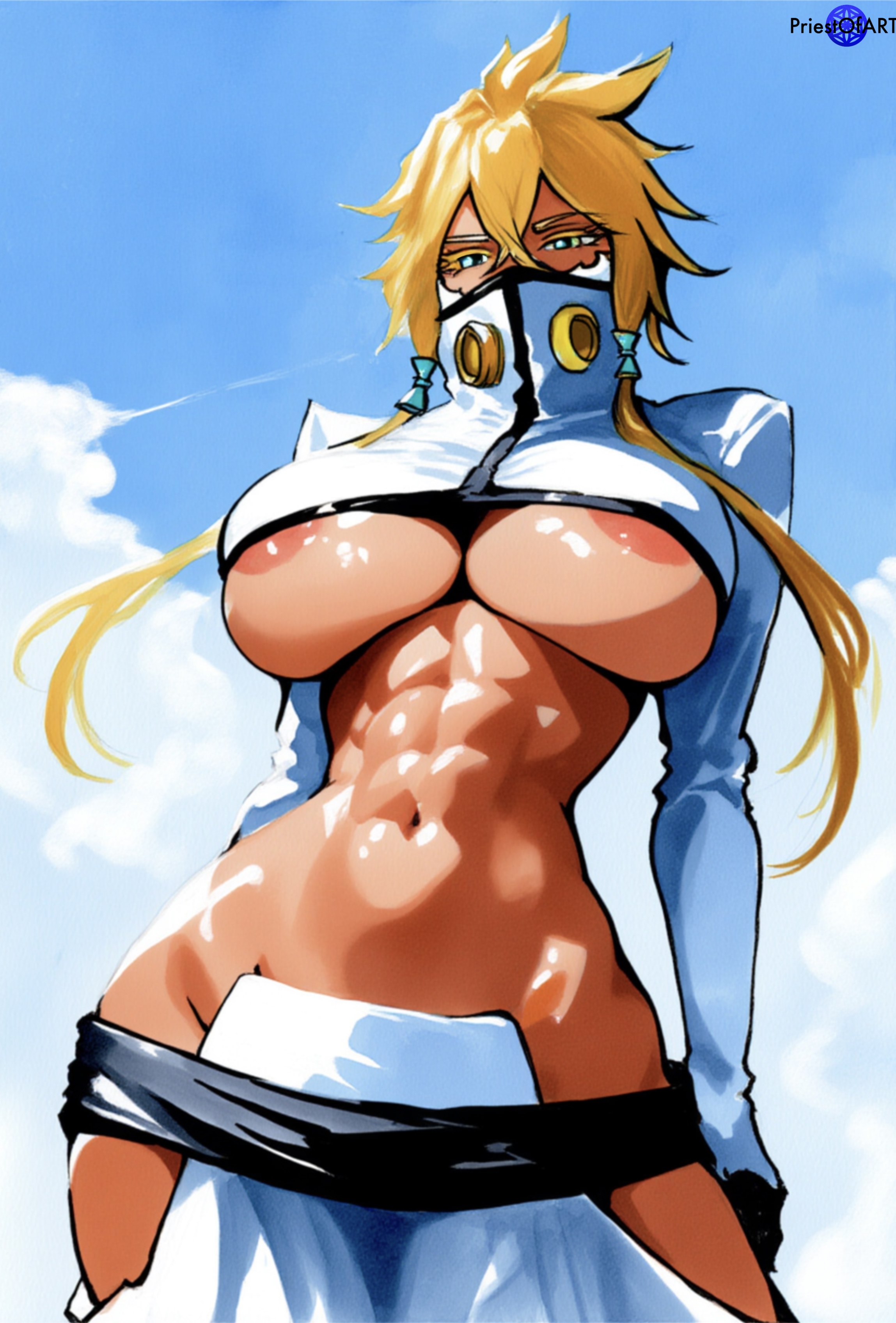 1girls, abs, ai generated, areola slip, big breasts, bleach, breasts, brown skin, busty, female, female focus, female only, huge breasts, large breasts, mouth mask, muscular, muscular female, priestofart, solo, solo female, solo focus, tagme, tagme (artist), tagme (character), tia harribel, watercolor, watermark, wide hips, yellow hair
