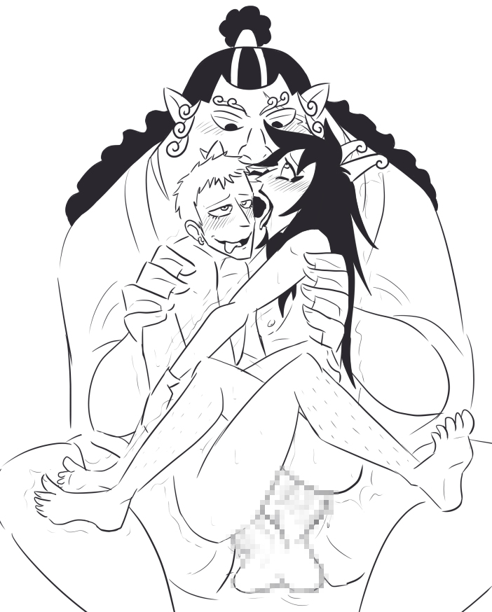 balls ballsack bigger_male blissed_out blush caesar_clown donquixote_doflamingo femboy greenokapi hairy_legs horn horns jinbe long_hair long_hair_male male male/male male_only male_penetrated male_penetrating pressed_together tongue tongue_out trembling twink