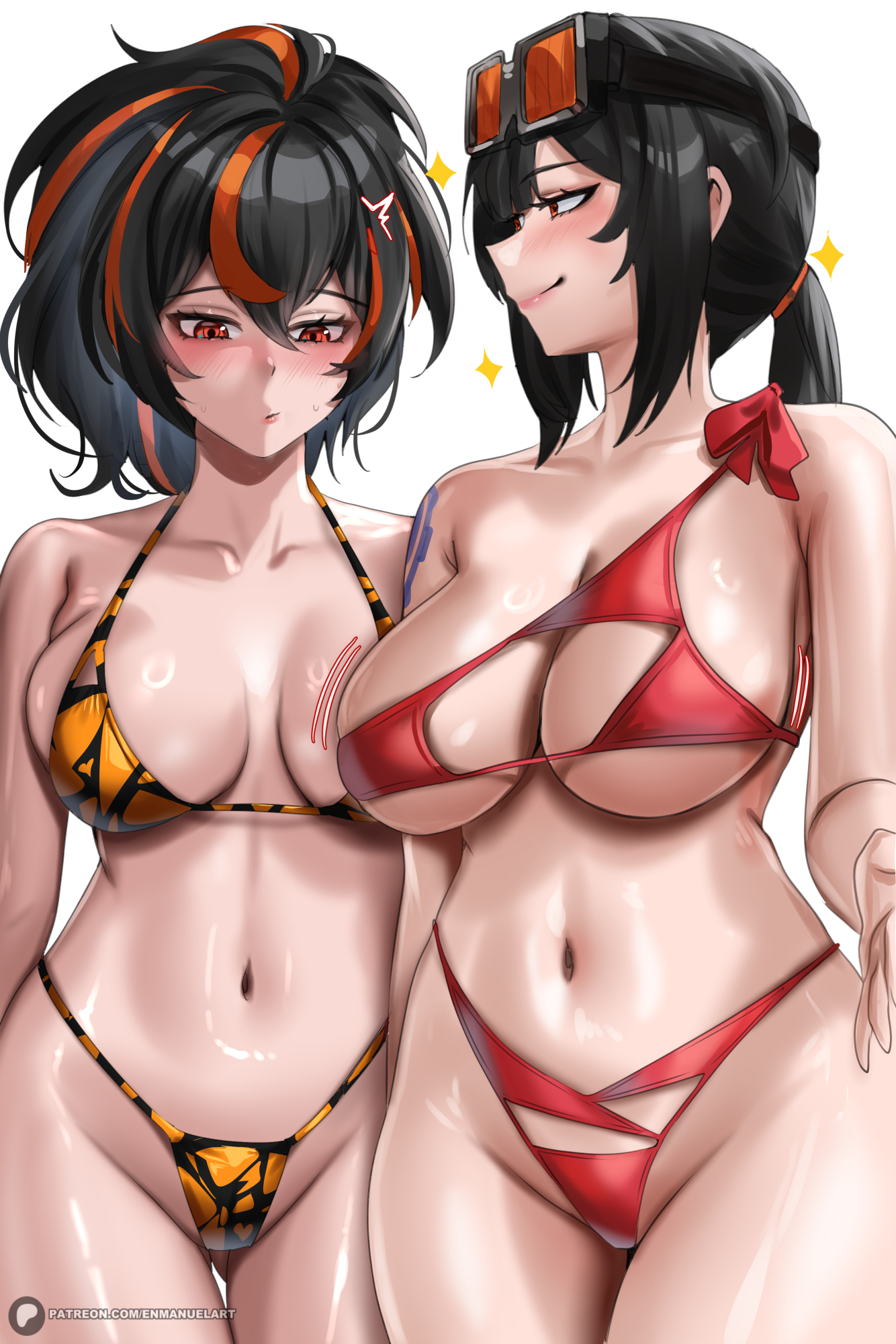2girls, ass visible through thighs, belobog heavy industries, big breasts, bikini, black hair, breast envy, breasts, cleavage, enmanuelart20, female, female focus, female only, goggles, grace howard, hi res, huge breasts, large breasts, light skin, light-skinned female, meme, mother daughter boob envy (meme), multicolored hair, multiple girls, new eridu public security, ponytail, red eyes, red hair, smile, swimsuit, thighs, wide hips, zenless zone zero, zhu yuan