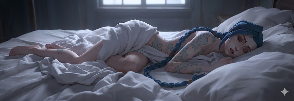 accurate art style, ai generated, arcane, jinx (arcane), jinx (league of legends), naked, nude, nude female, sheets, solo, solo female