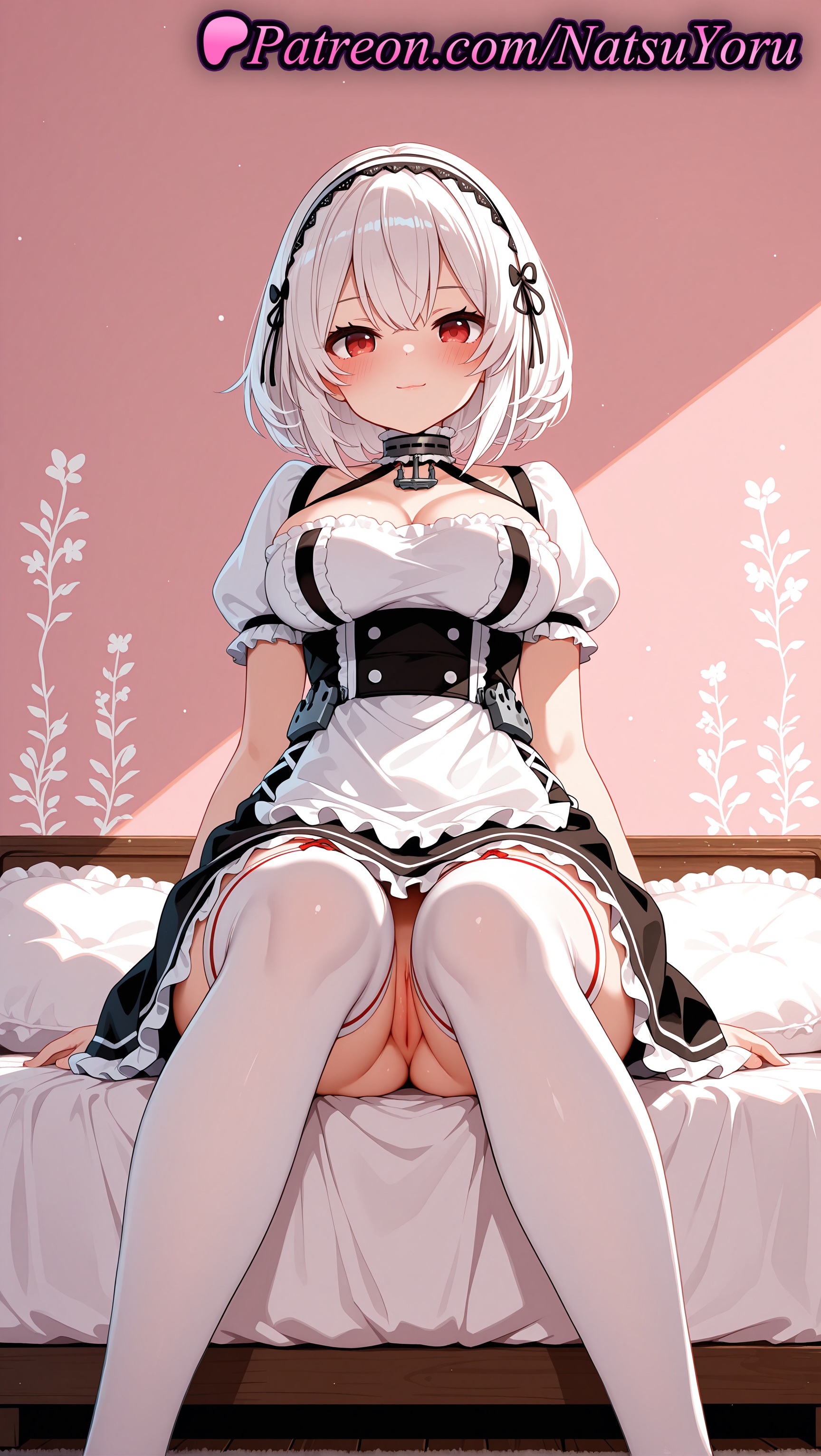 1girls, 2025, ai assisted, ai generated, anchor choker, anime, anime style, apron, asian, azur lane, bangs, bed, black dress, blush, breasts, bust, busty, choker, cleavage, cleft of venus, closed mouth, collarbone, dress, feet out of frame, female, female focus, female only, frilled apron, frilled choker, frilled dress, frills, hair between eyes, hairband, hi res, high quality, high resolution, highres, indoors, lace trim, large breasts, looking at viewer, maid, maid uniform, natsuyoru, no panties, on bed, panties, patreon, pillow, puffy short sleeves, puffy sleeves, pussy, red eyes, short hair, short sleeves, sirius (azur lane), sitting, smile, solo, solo female, stable diffusion, thighhighs, thighs, uncensored, underwear, upskirt, vagina, voluptuous, voluptuous female, waist apron, white apron, white hair, white legwear, white thighhighs