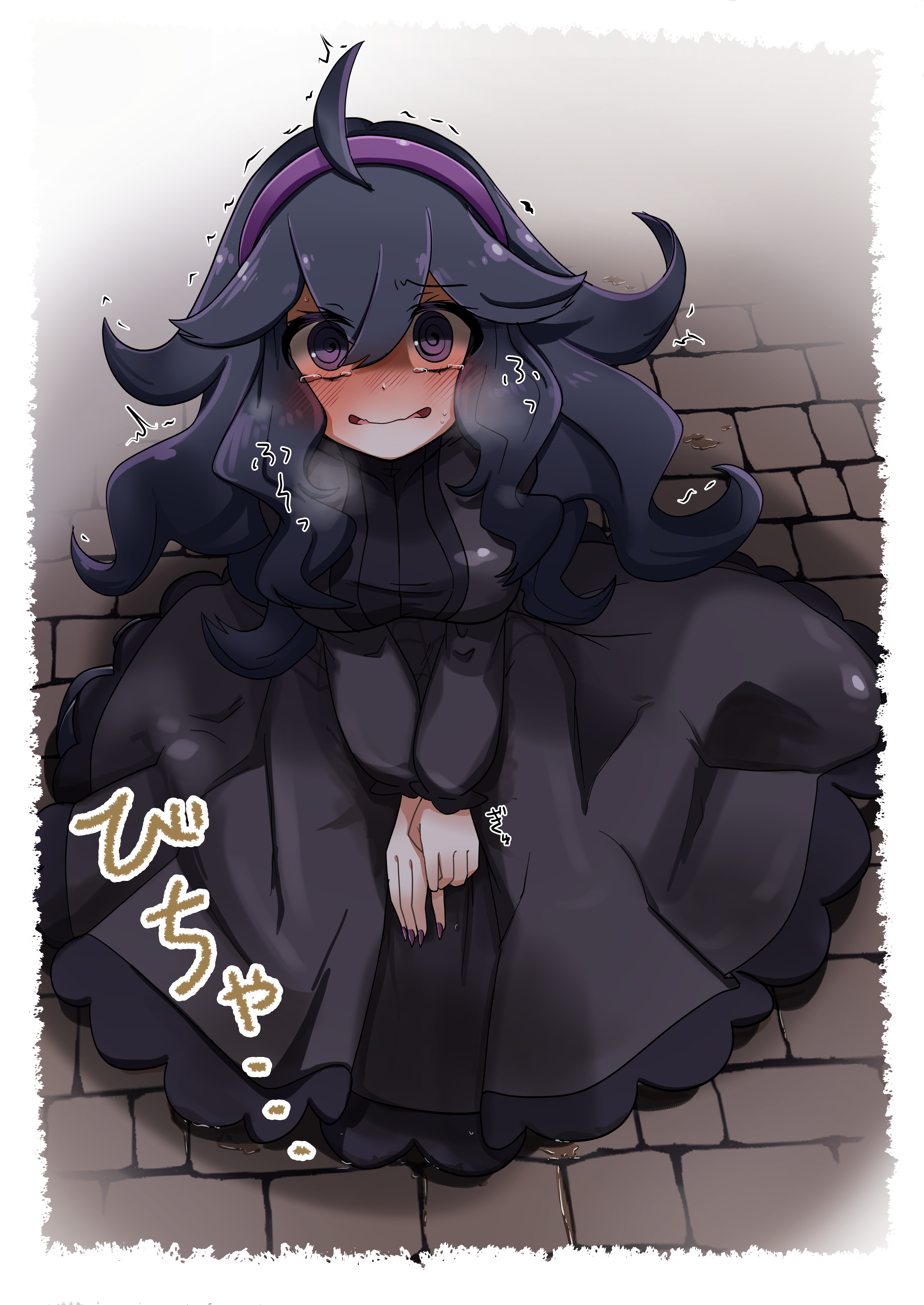 @ @, 1girls, absurdres, ahoge, alternate breast size (larger), between legs, blush, border, breasts, dress, embarrassed, female, female focus, from above, full body, hair between eyes, hairband, hand between legs, hex maniac, hex maniac (pokemon xy), highres, japanese text, long dress, long hair, long sleeves, looking at viewer, looking up, medium breasts, mizuumi (expanse lake), nail polish, nintendo, nose blush, omorashi, on ground, open mouth, own hands together, peeing, peeing self, pokemon, pokemon xy, purple dress, purple eyes, purple hair, purple hairband, purple nails, raised eyebrows, sidelocks, sitting, solo, straight-on, sweat, tears, translation request, trembling, urine, v arms, wariza, wet, wet clothes, wet dress, wetting, wetting self, white border
