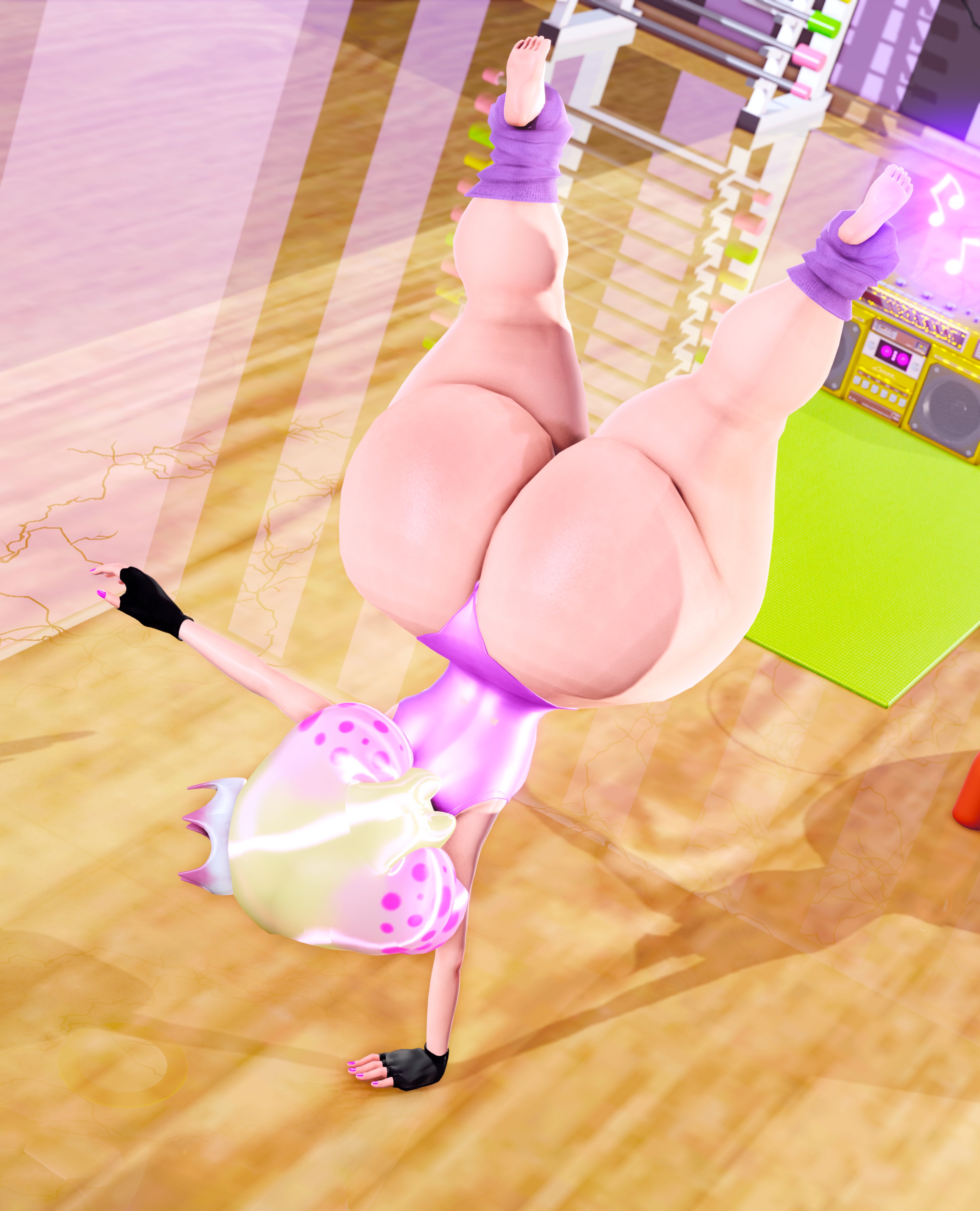 3d, alternate ass size, ass, ass bigger than head, big ass, bottom heavy, cephalopod humanoid, female, female focus, female only, gym, gym clothes, handstand, huge ass, humanoid, humanoid female, humanoid only, inkling, inkling girl, light skin, light-skinned female, nintendo, one arm handstand, pearl (splatoon), prevence, solo, solo female, splatoon, splatoon 2, thick thighs
