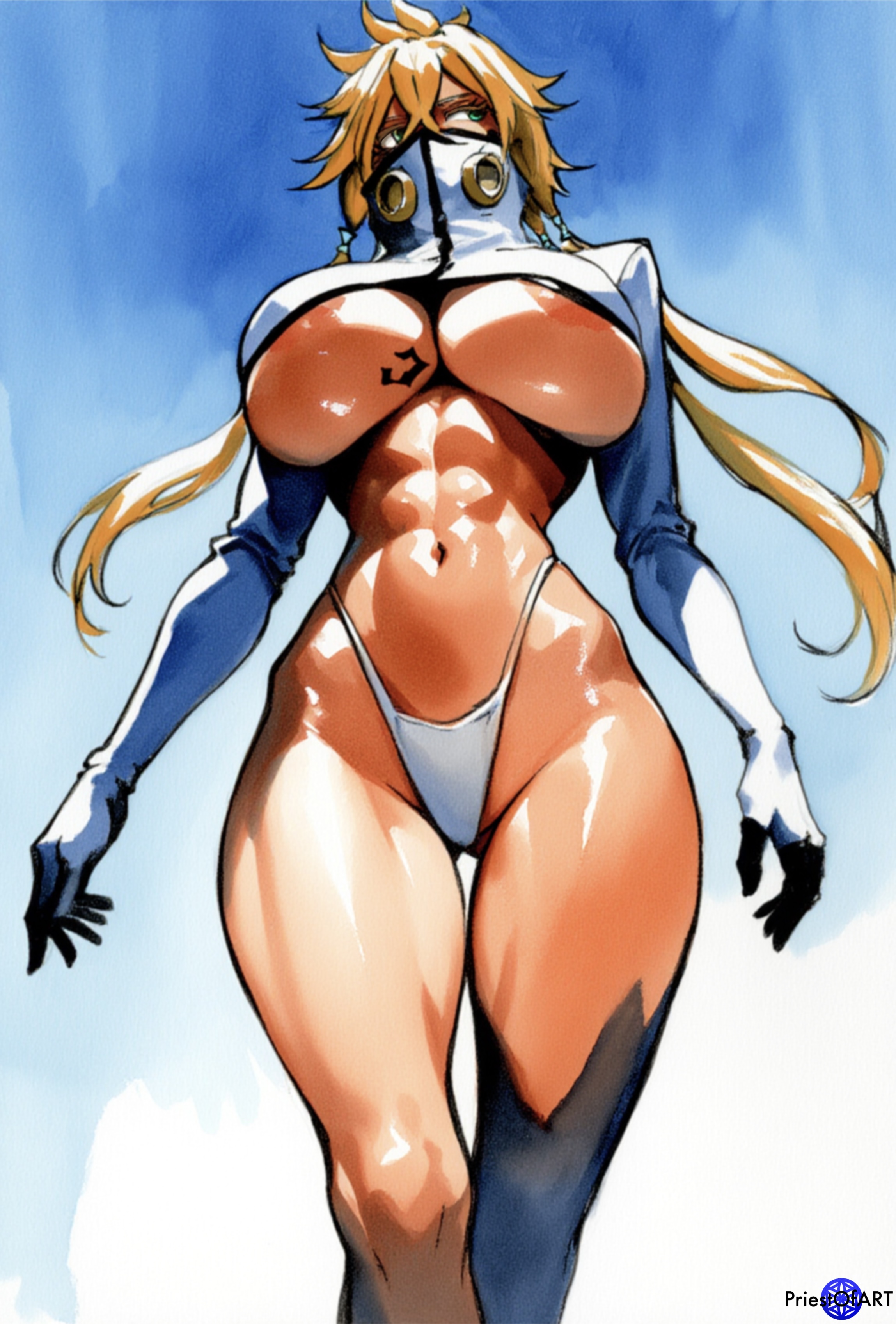 1girls, abs, ai generated, areola slip, big breasts, bleach, breasts, brown skin, busty, crop top, female, female focus, female only, huge breasts, large breasts, mouth mask, muscular, muscular female, panties, priestofart, solo, solo female, solo focus, tagme, tagme (artist), tagme (character), thick thighs, tia harribel, watercolor, watermark, wide hips, yellow hair