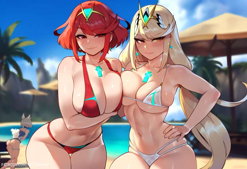 2girls ai_generated ass beach big_ass big_breasts bikini blush breasts breasts_to_breasts female female_focus fit fit_female mistarman mythra pyra tagme xenoblade_(series)
