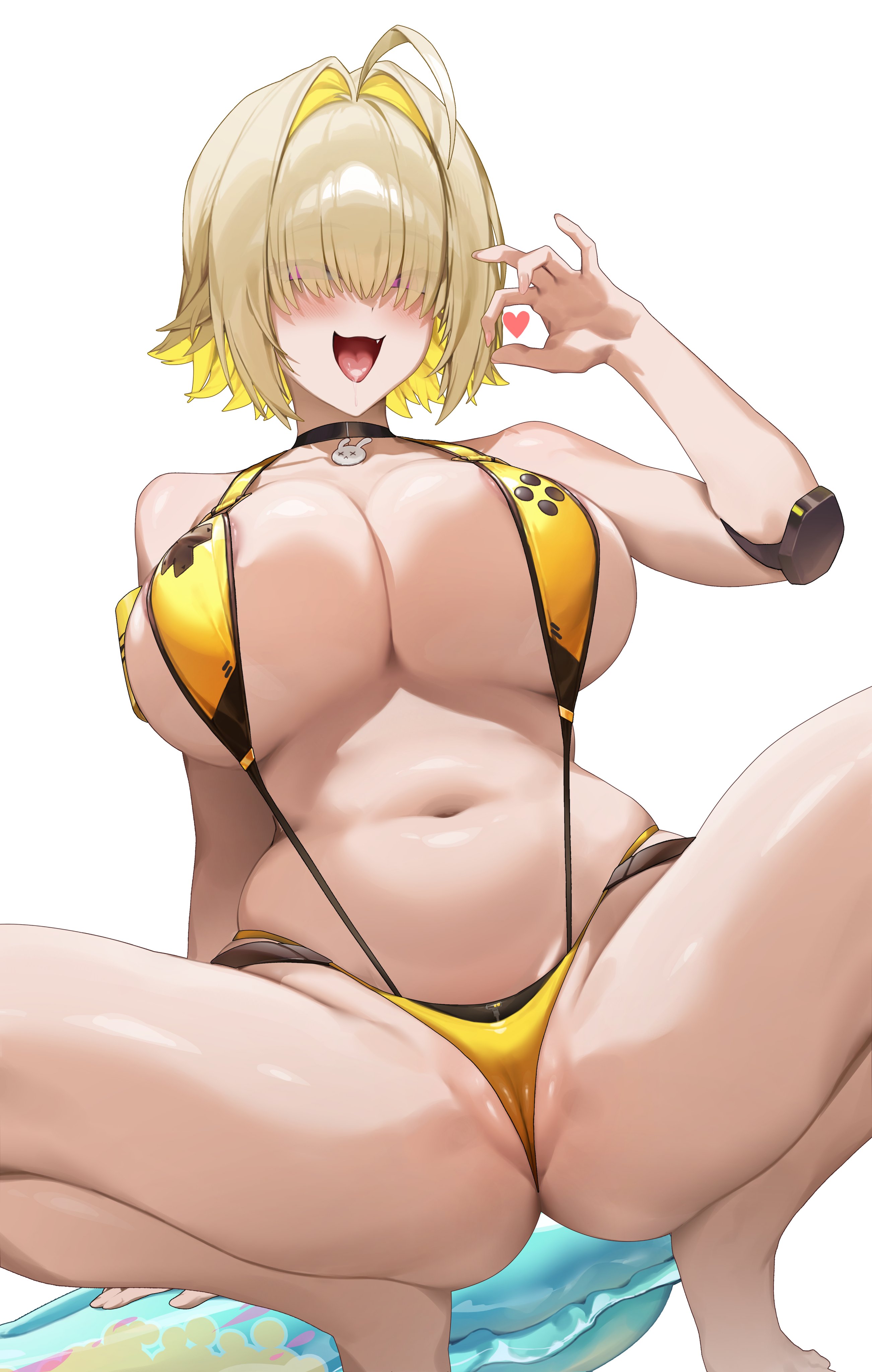 :3, absurdres, ahoge, areola slip, bare shoulders, blonde hair, blush, breasts, cute fang, elegg (boom and shock) (nikke), elegg (nikke), eyes visible through hair, female, goddess of victory: nikke, hair intakes, hair over eyes, hand up, heart, highres, huge breasts, looking at viewer, navel, official alternate costume, one-piece swimsuit, open mouth, partially visible vulva, pussy, samart, sideboob, simple background, slingshot swimsuit, smile, solo, squatting, stomach, swimsuit, thighs, tongue, white background, yellow one-piece swimsuit