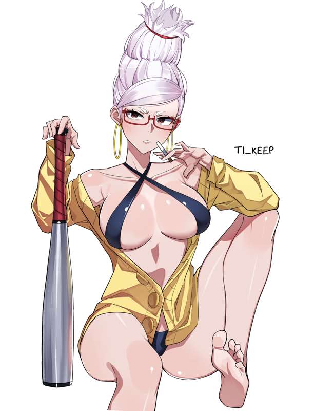 ayase_seiko baseball_bat brown_eyes dandadan feet glasses inner_sideboob medium_breasts one_piece_swimsuit red_glasses thighs ti_keep white_hair