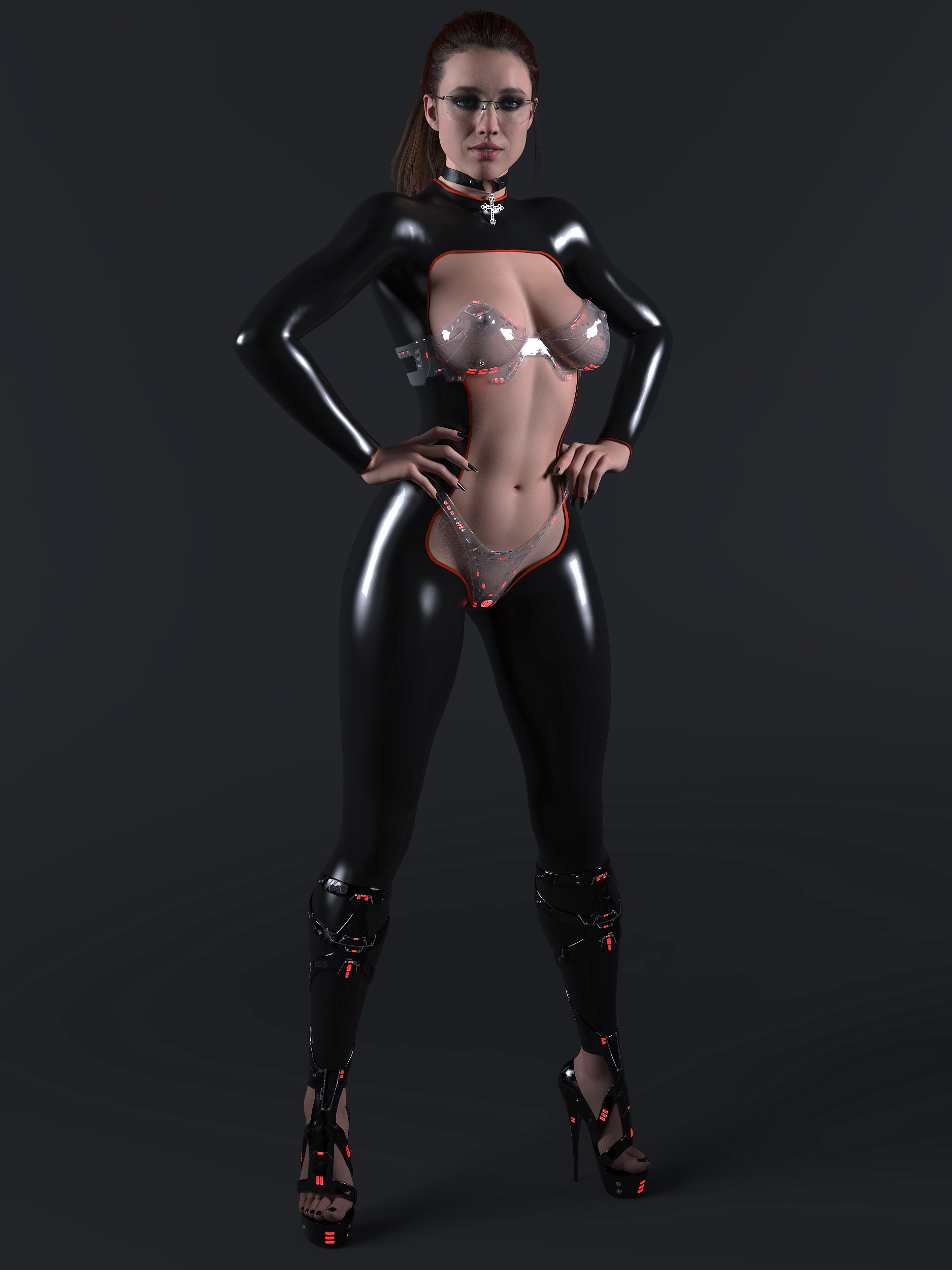 1girls, 3d, daz studio, death stranding, female, female only, full body, glasses, high heels, latex bodysuit, mama (death stranding), margaret qualley, platform heels, see-through bra, solo, zauselzaus
